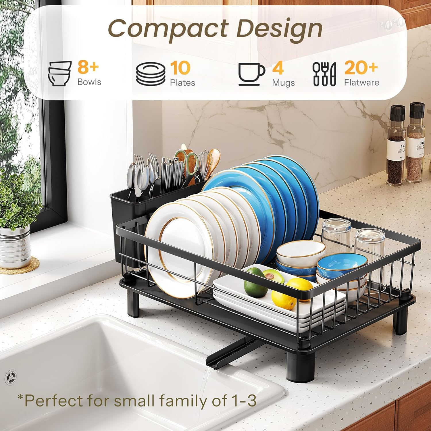 SNTD Dish Drying Rack - Space-Saving Dish Rack for Kitchen Counter, Stainless Steel Dish Drainer with Utensil Holder and Drainboard, 11" W x 15" L (Black) - Image 3