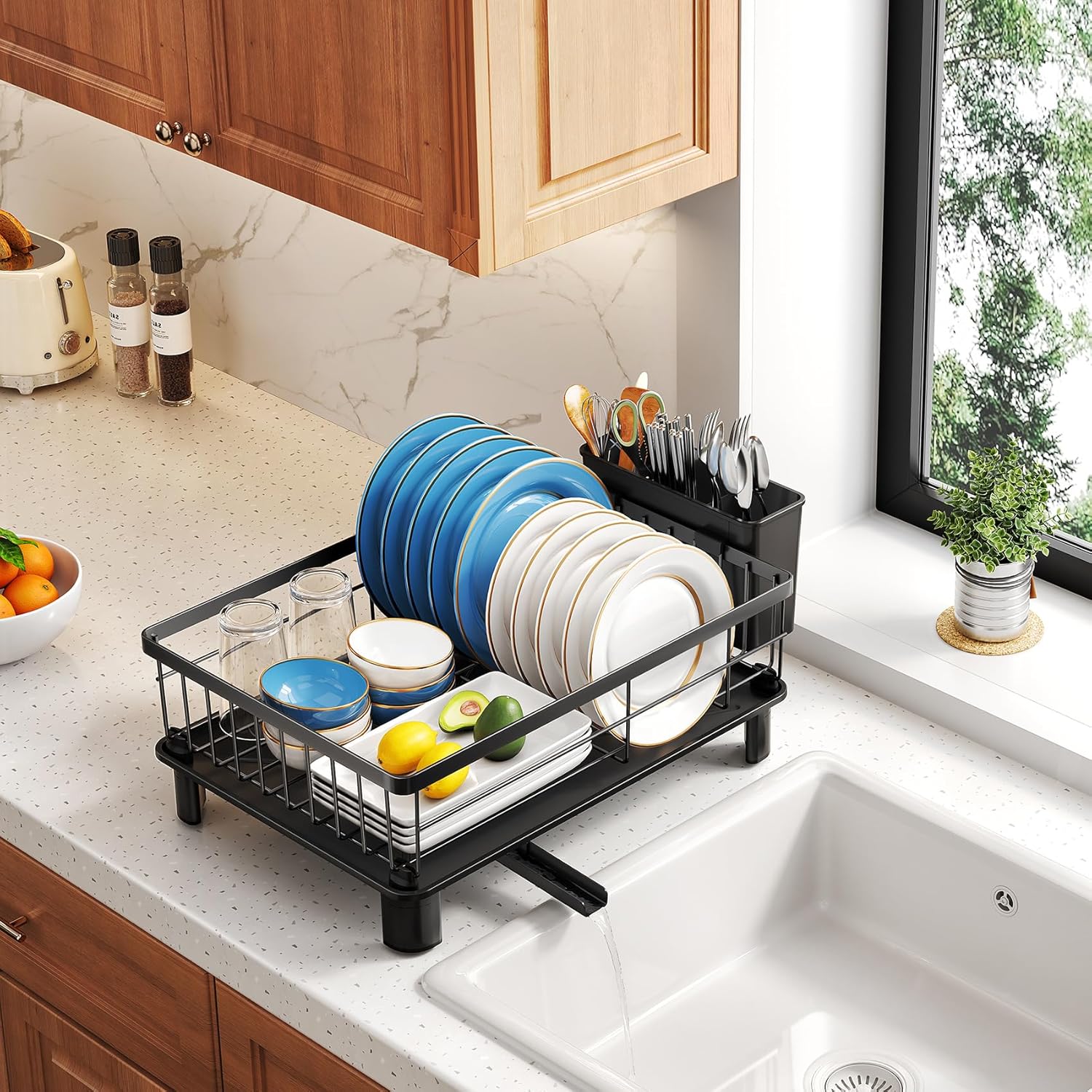 SNTD Dish Drying Rack - Space-Saving Dish Rack for Kitchen Counter, Stainless Steel Dish Drainer with Utensil Holder and Drainboard, 11" W x 15" L (Black) - Image 7