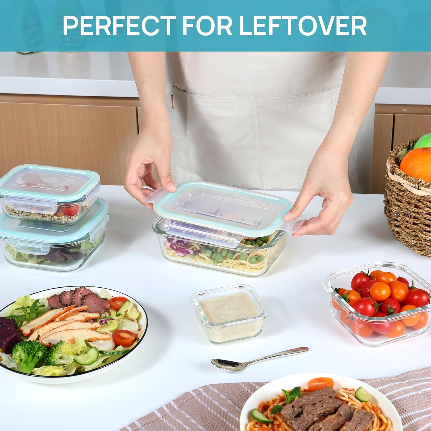 Vtopmart 8 Pack Glass Food Storage Containers with Airtight Lids, Glass Meal Prep Containers, Lunch Office Meal for Microwave, Oven, Freezer and Dishwasher, BPA Free - Image 7
