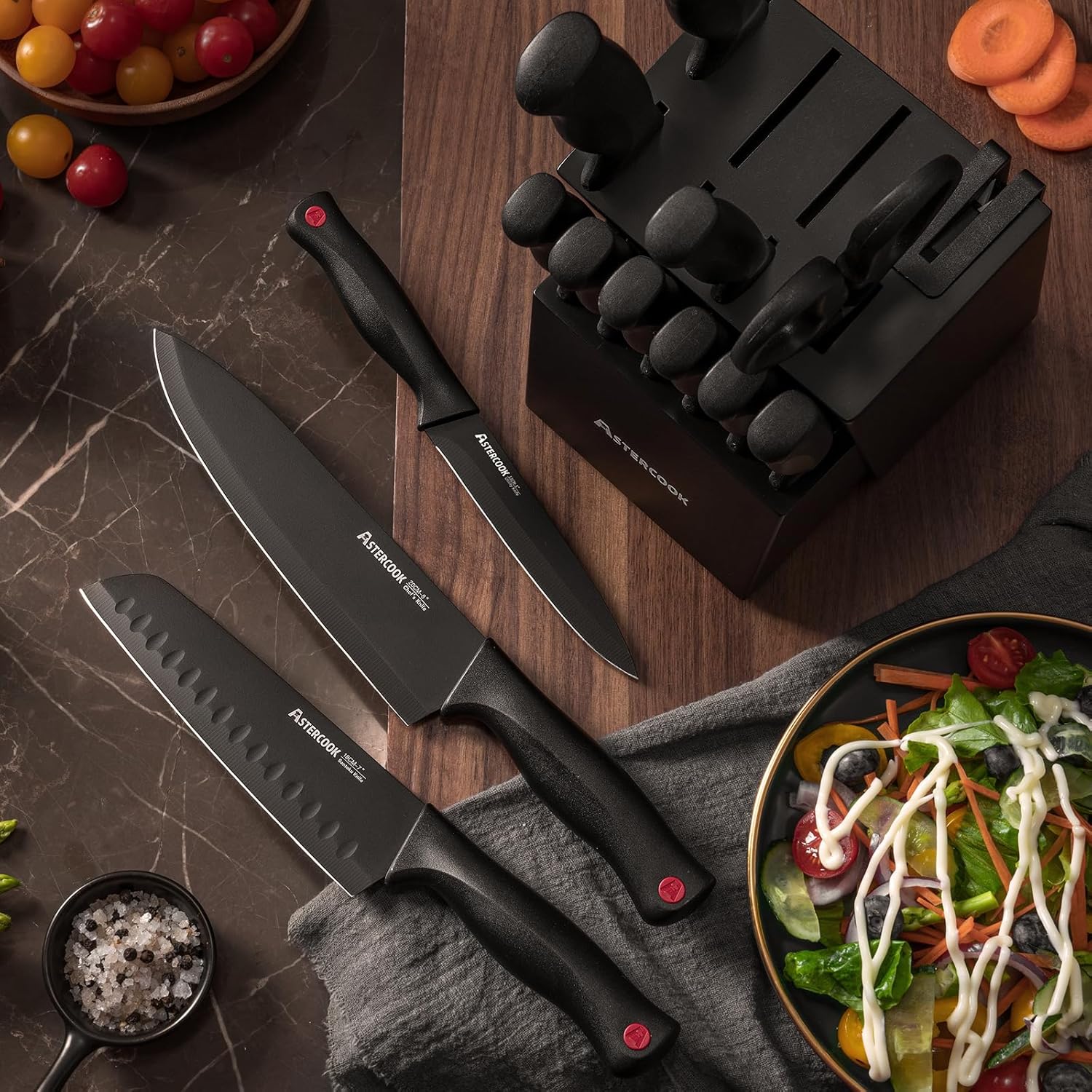 Knife Set, Astercook 15 Pieces Knife Sets for Kitchen with Block, Dishwasher Safe Kitchen Knife Set with Built in Sharpener Block, German Stainless Steel Kitchen Utensils Set - Image 6