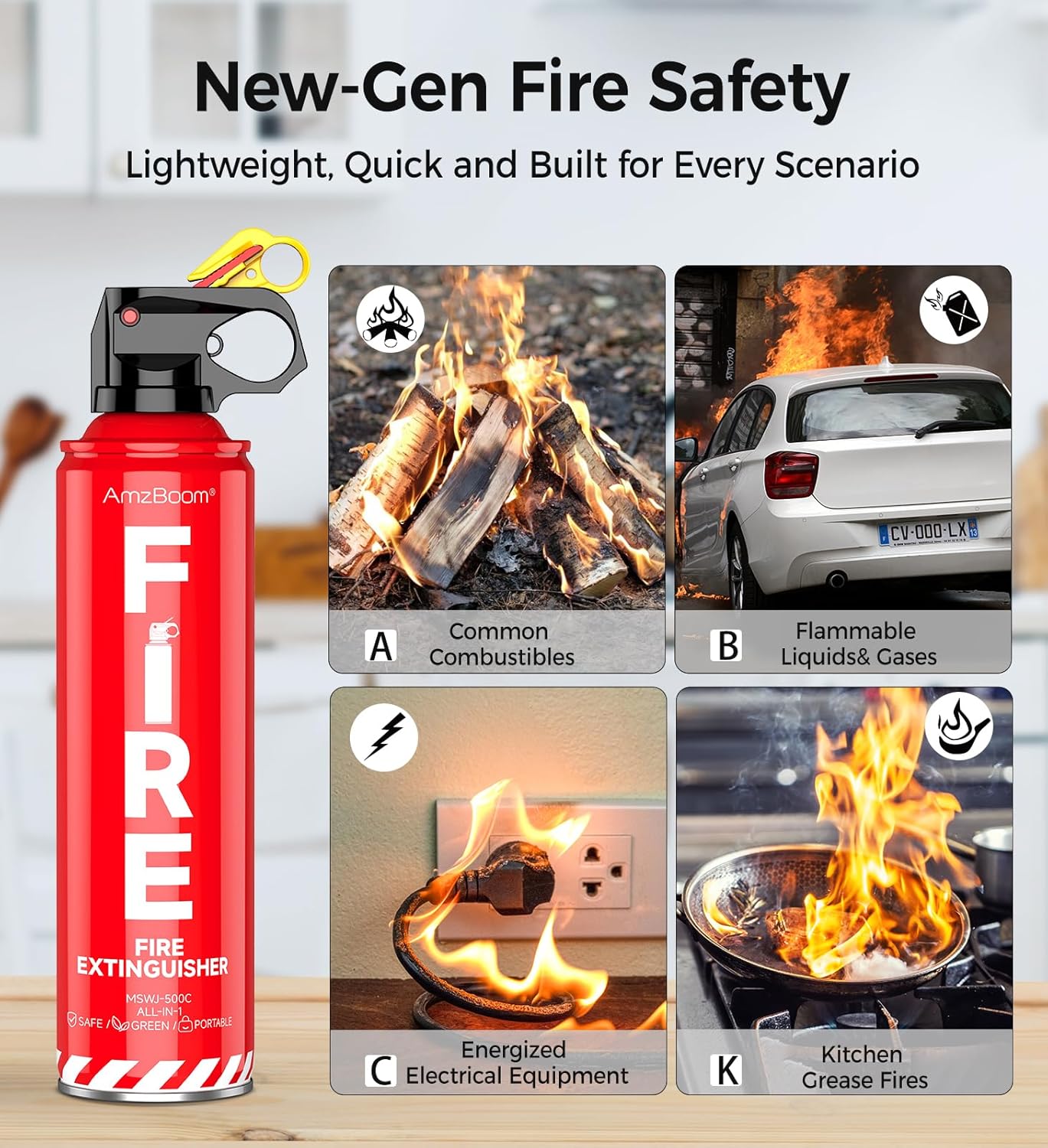 AmzBoom 2-Pack Fire Extinguisher for Home, Kitchen, Car, and Grill with Mounting Bracket– Extinguishing Spray, Compact A, B, C, K – Eco-Friendly, Prevents Reignition. - Image 2