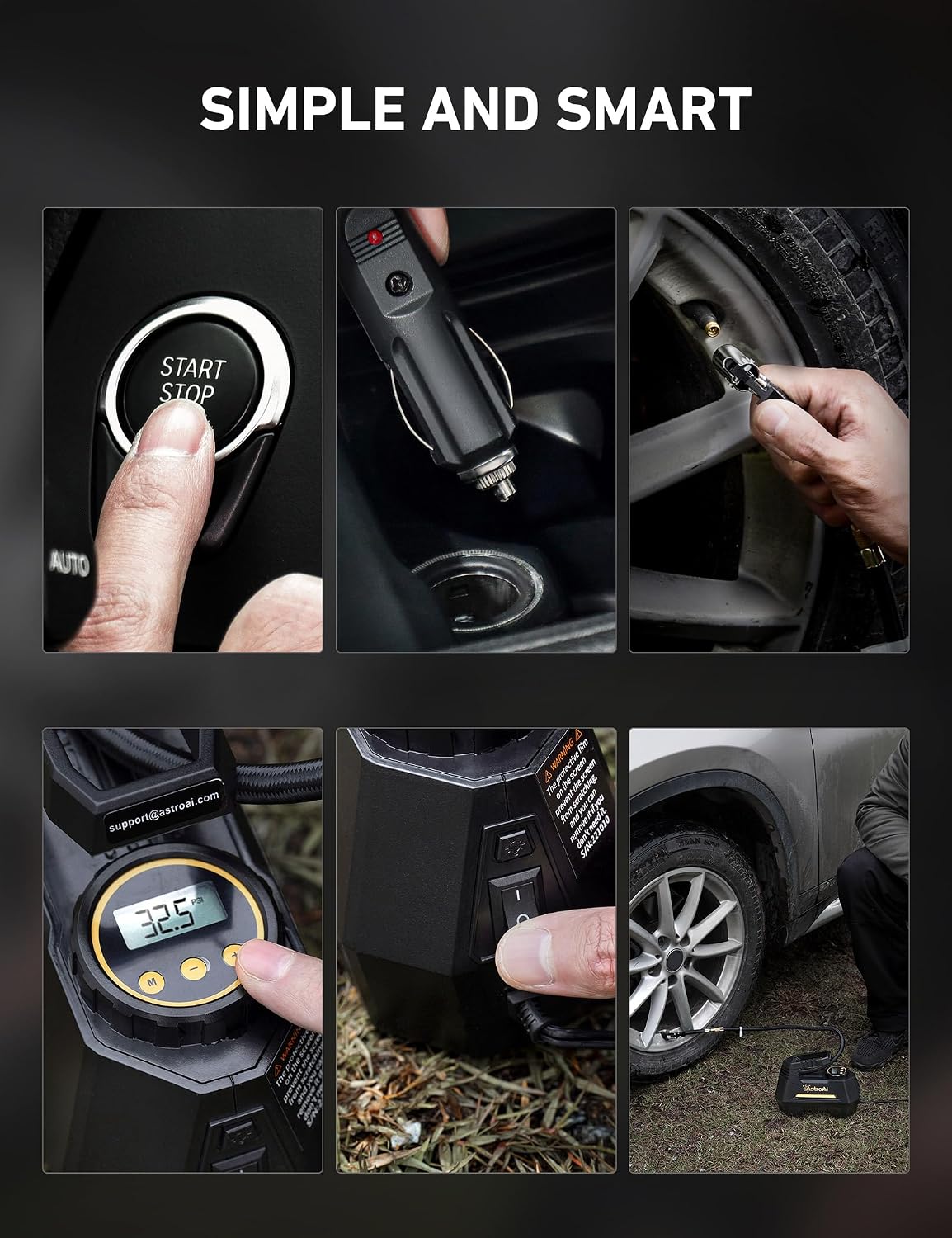 AstroAI AIRUN H Tire Inflator Portable Air Compressor,9.8Ft Cord-12VDC-Powered Auto Shut-Off,Fast Inflation Electric Air Pump for Car Tires-Car Accessories with Digital Pressure Gauge,LED Light,Yellow - Image 7