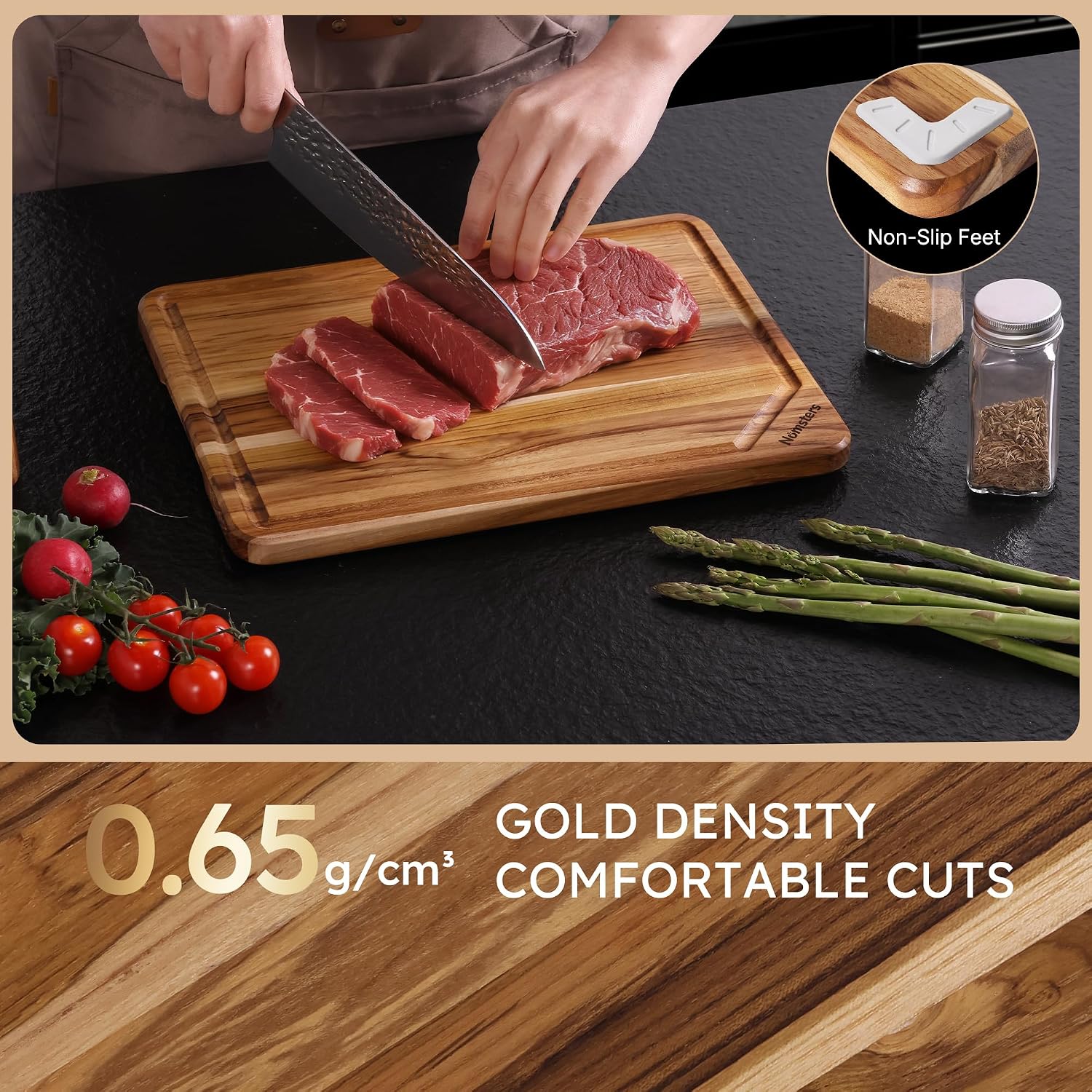 13'' Teak Wood Cutting Board for Kitchen Non Slip Over Sink Charcuterie Board Serving Heavy Duty Non Toxic Wooden Chopping Board Thick Haus Organic Edge Grain Wood House Warming Hostess Host Gift - Image 5