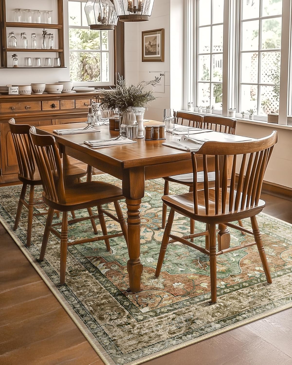 RELEANY Area Rugs 5'x7' Washable Non-Slip, Floral Vintage Distress Medallion Carpet for Living Room Bedroom Dining Room, Terracotta Burnt Orange Green - Image 2