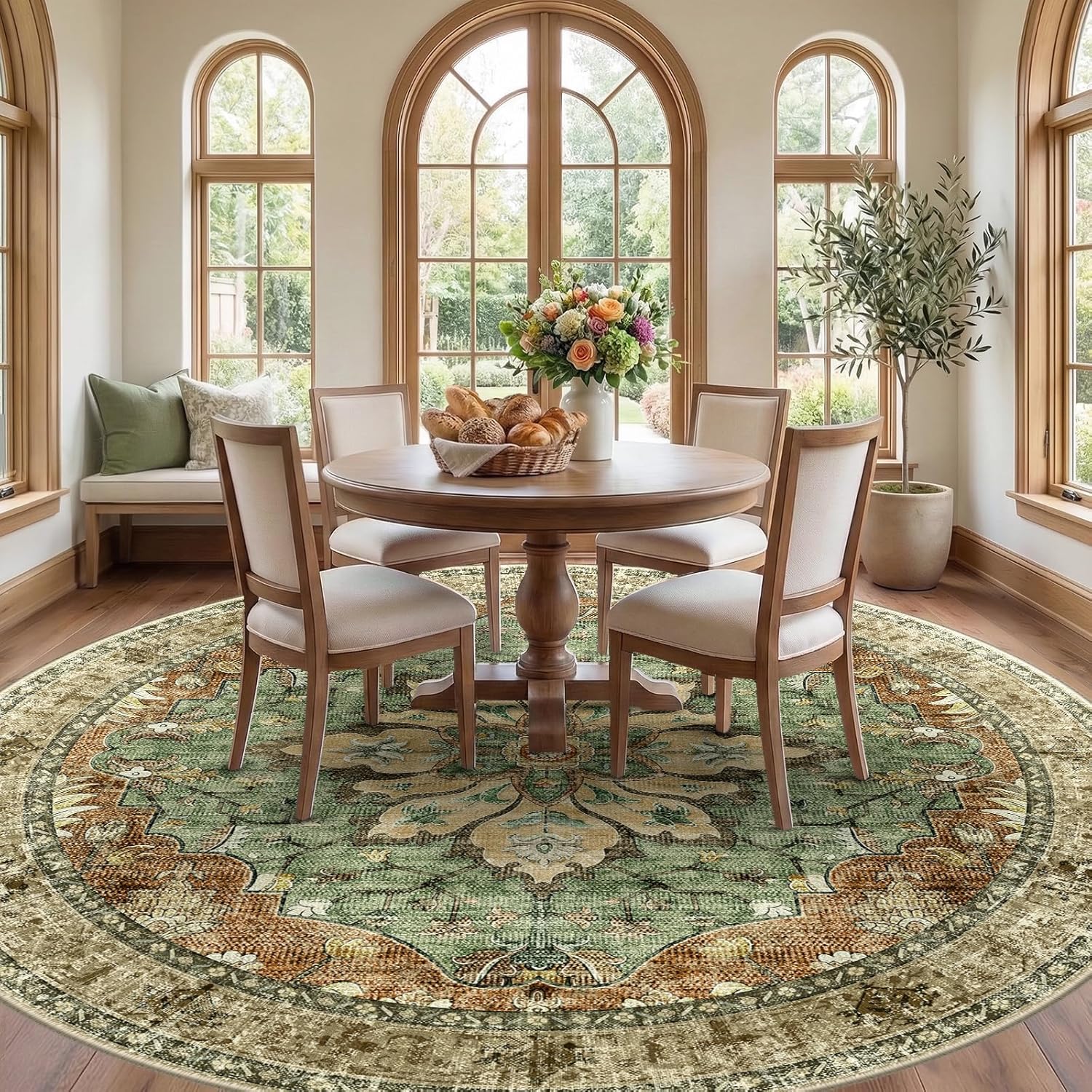 RELEANY Area Rugs Round 8ft Washable Non-Slip, Floral Vintage Distress Medallion Carpet for Living Room Bedroom Dining Room, Terracotta Burnt Orange Green - Image 2