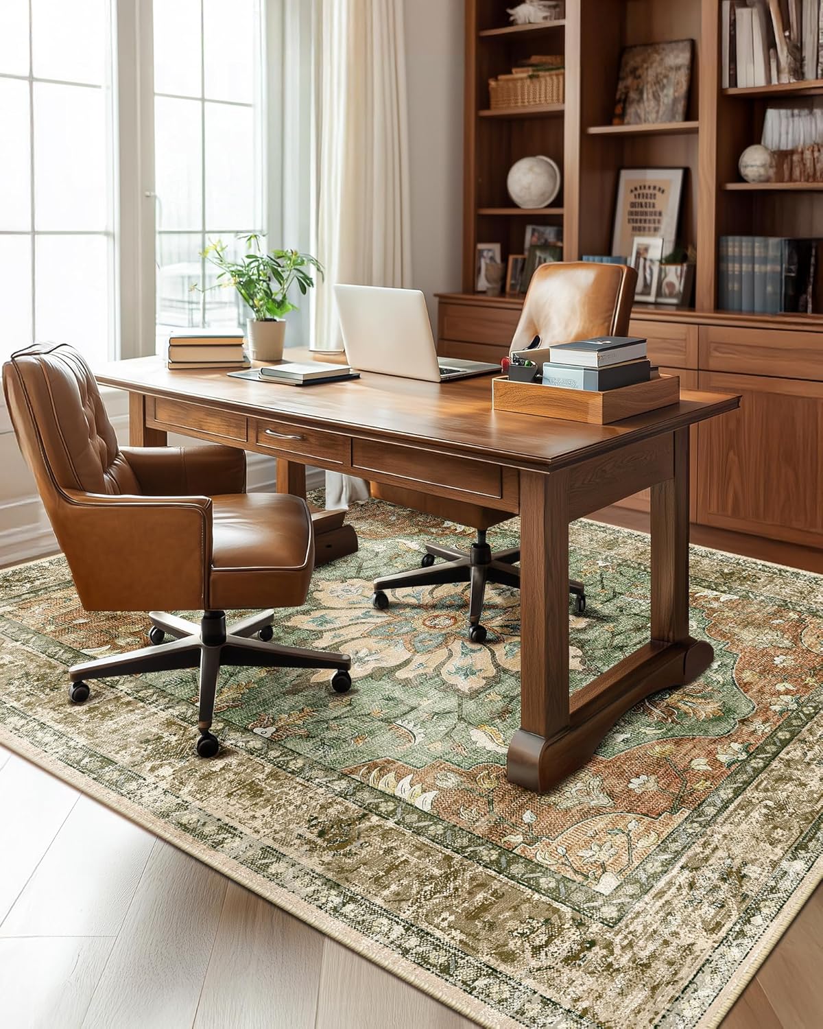 RELEANY Area Rugs 5'x7' Washable Non-Slip, Floral Vintage Distress Medallion Carpet for Living Room Bedroom Dining Room, Terracotta Burnt Orange Green - Image 3
