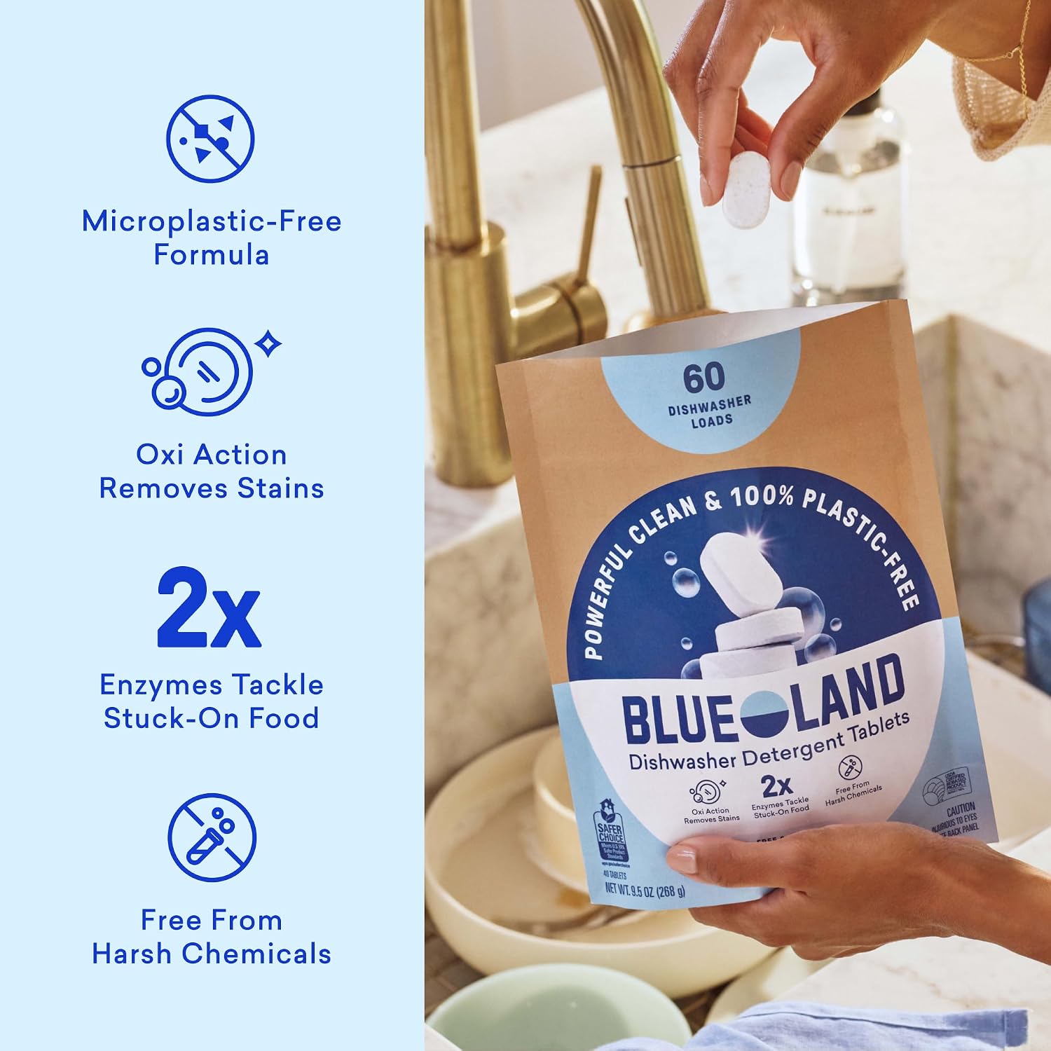 BLUELAND 100% Plastic-Free Dishwasher Detergent Tablets, 120 Count, Free & Clear, Eco-Friendly Dishwashing Pods, Cuts Grease & Stuck on Food, Rinses Clean for Streak-Free Shine - Image 3