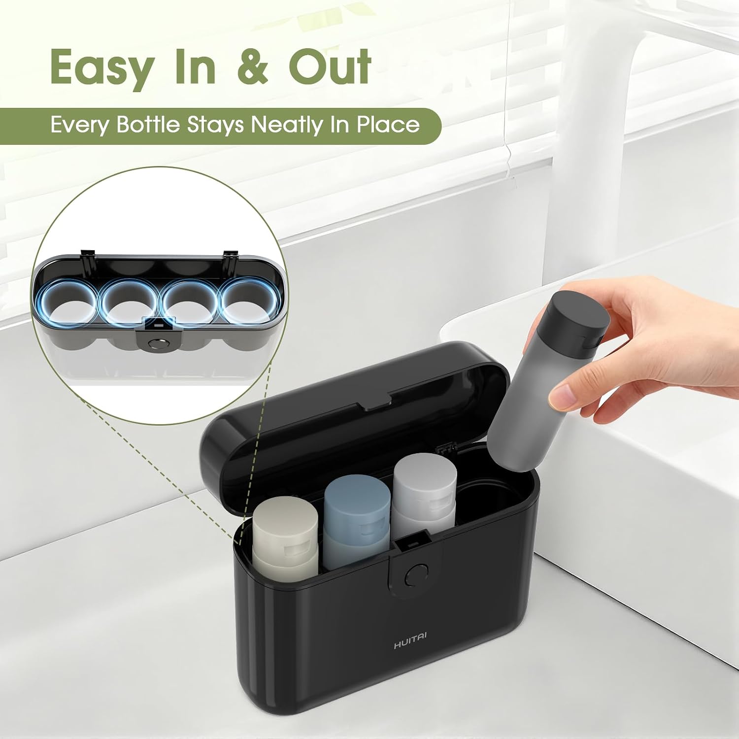 Travel Bottles TSA 4x2oz With Case Leak-Proof Black | Durable ABS hard case, press-to-unlock, 4 individual compartments, wide-mouth bottles for easy fill, leak-proof seals - Image 6
