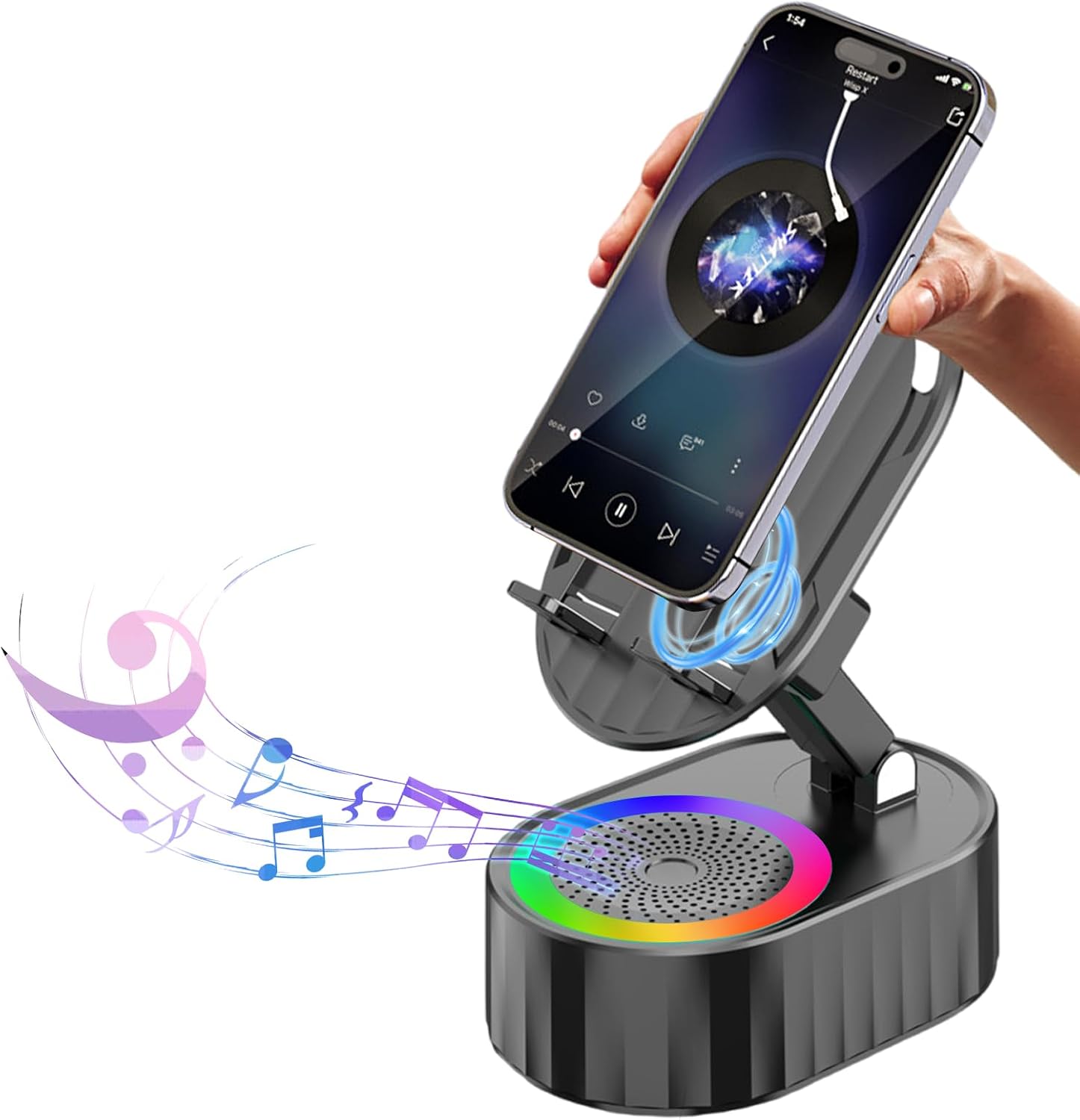 AKLLCCR Wireless Induction Audio Bluetooth Speaker 5in1 Phone Holder Emergency Rechargeable (3000mAh) with Colorful Ambient Light 300° Foldable for Tablet iPhone Android, Gifts for Men Women (Black)