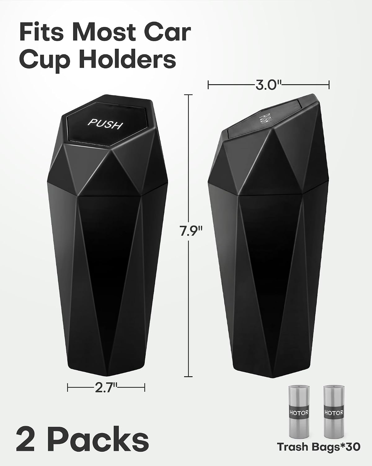 HOTOR Car Trash Can with Lid - 2 Pack, Car Accessories for Interior, Leakproof Vehicle Garbage Can with 30 Attached Trash Bags, Multipurpose Organizers and Storage for Home, Office, Black - Image 4