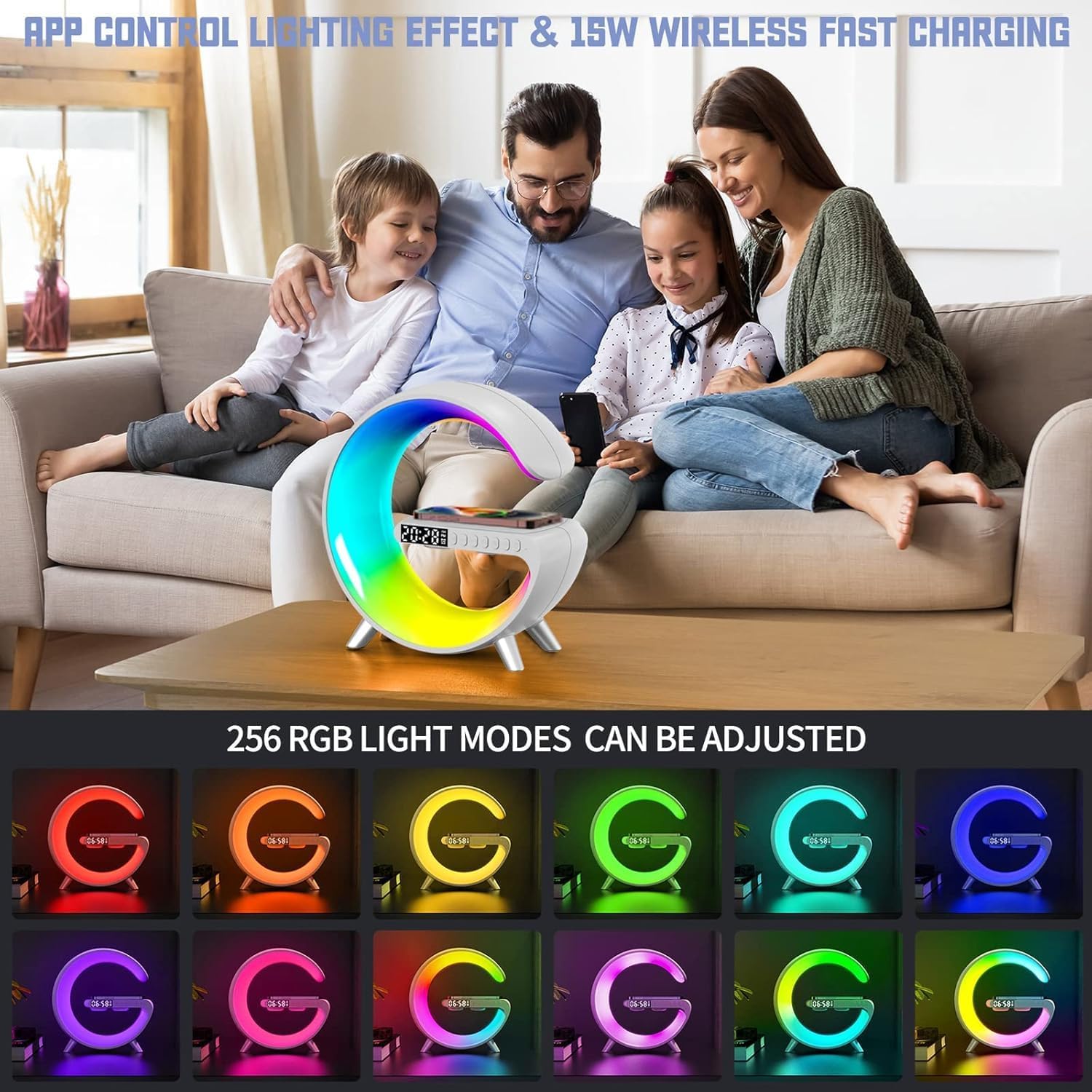Smart LED Table Lamp, 4-in-1 Wireless Charger, Night Light, Alarm Clock, Bluetooth Speaker with App Control, Bedside Lamp with Charging Station for Bedroom, Office, Home Decor, Teen Girls Boys Gifts - Image 5