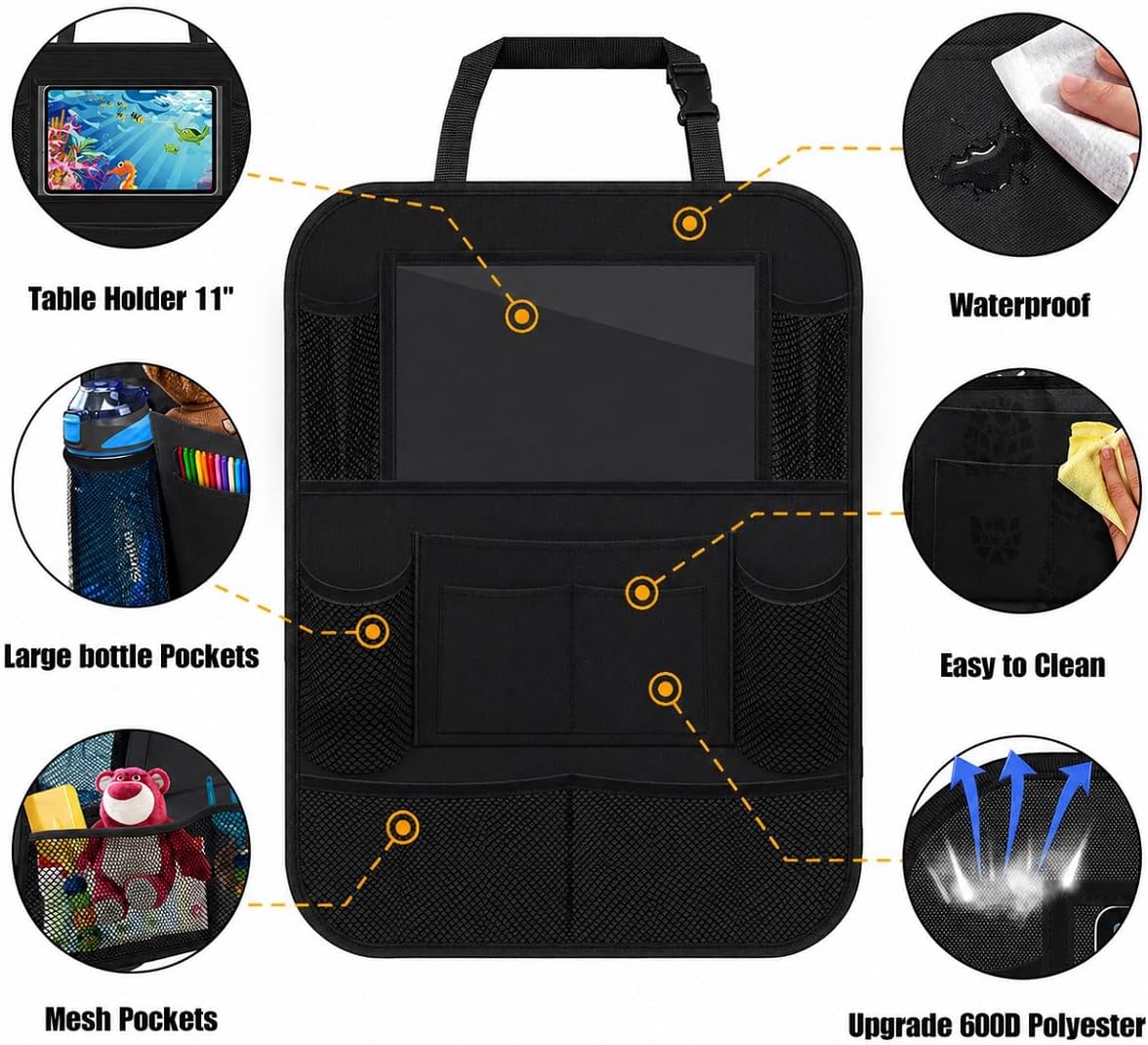 ULEEKA Car Backseat Organizer with 10" Table Holder, 9 Storage Pockets Seat Back Protectors Kick Mats for Kids Toddlers, Travel Accessories, 2 Pack (Black) | Car Organizers and Storage Kick Mats Back Seat Protector w/ Touch Screen Tablet Holder for Kids Toddlers, Travel Accessories - Image 2
