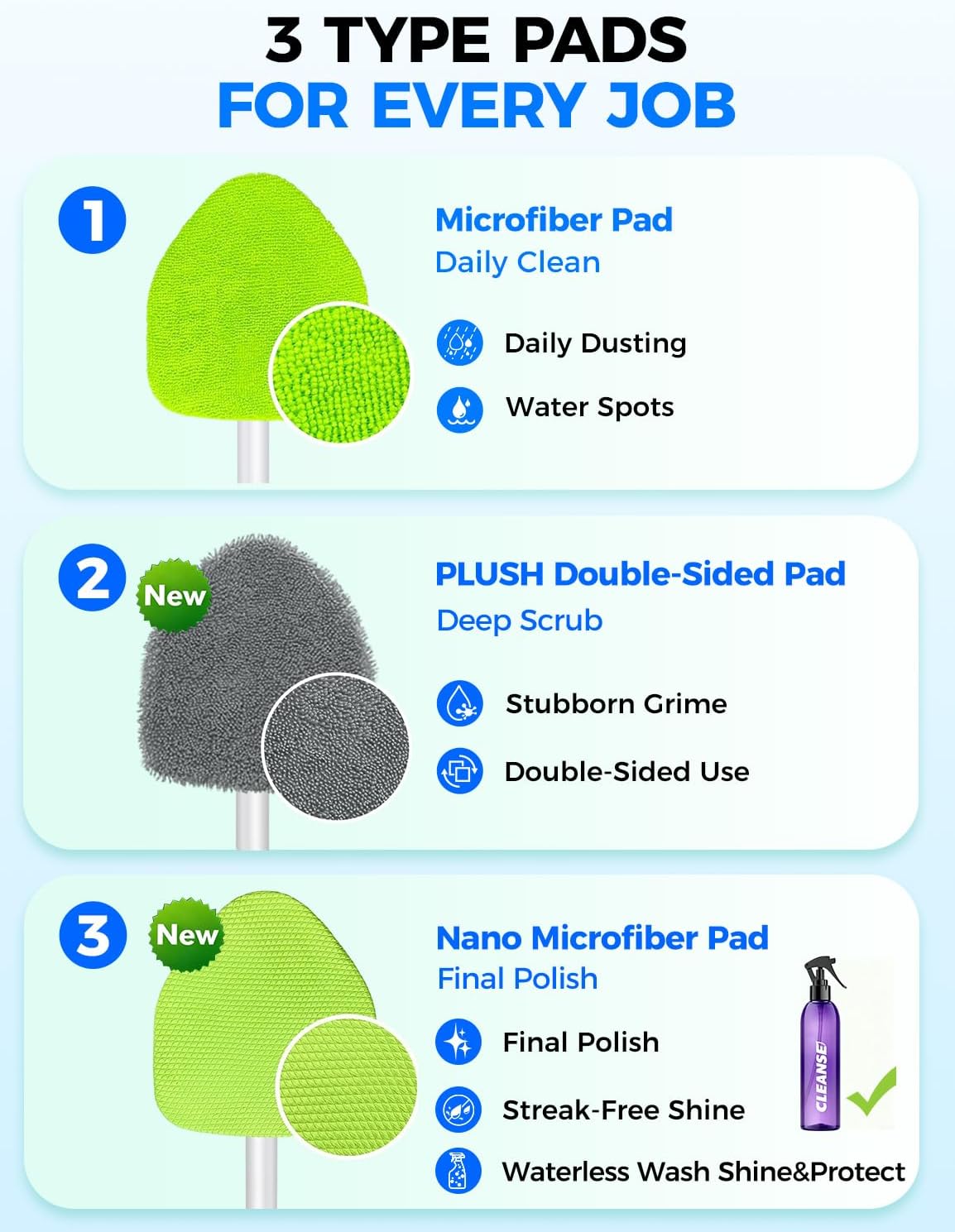 XINDELL Interior Windshield Cleaner Tool – Car Interior Window Cleaning Kit with Extendable Handle & 4 Microfiber Pads, Auto Wiper Inside Compact Windshield Brush for Car & Home Windows - Image 4