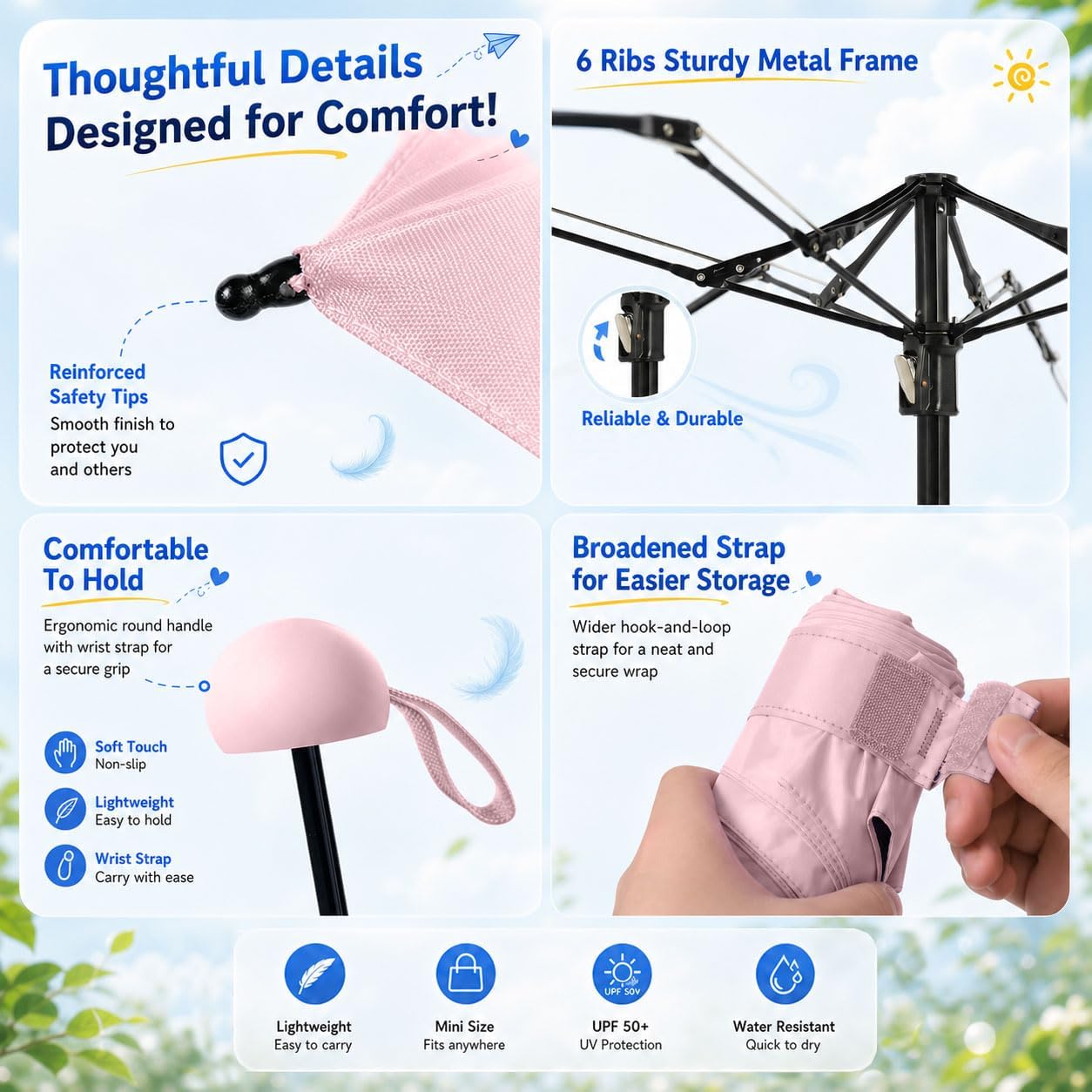 BAODINI Travel Essentials Mini Umbrella for Purse With Case Small Compact UV Sun Protection Lightweight Tiny Pocket Manual Open Close Umbrella for Women Kids and Men Fits Purse Backpack - Image 4