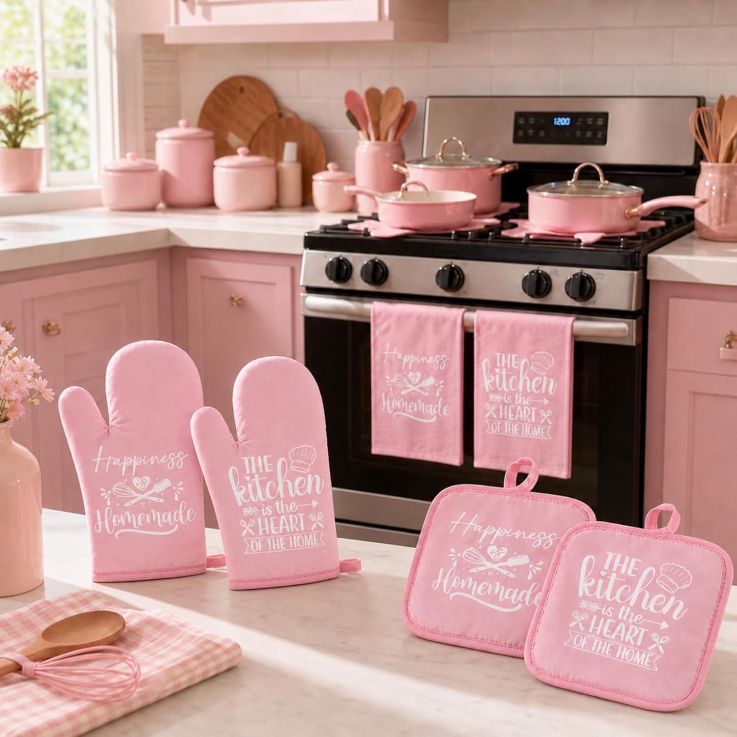 Sratte 6 Pcs Pink Kitchen Decor Accessories Set Cute Farmhouse Towels Pot Holders Oven Mitts Set 2 Dish Towels 2 Potholders 2 Cooking Mittens for Baking Cooking House Supply(Pink, Kitchen) - Image 2