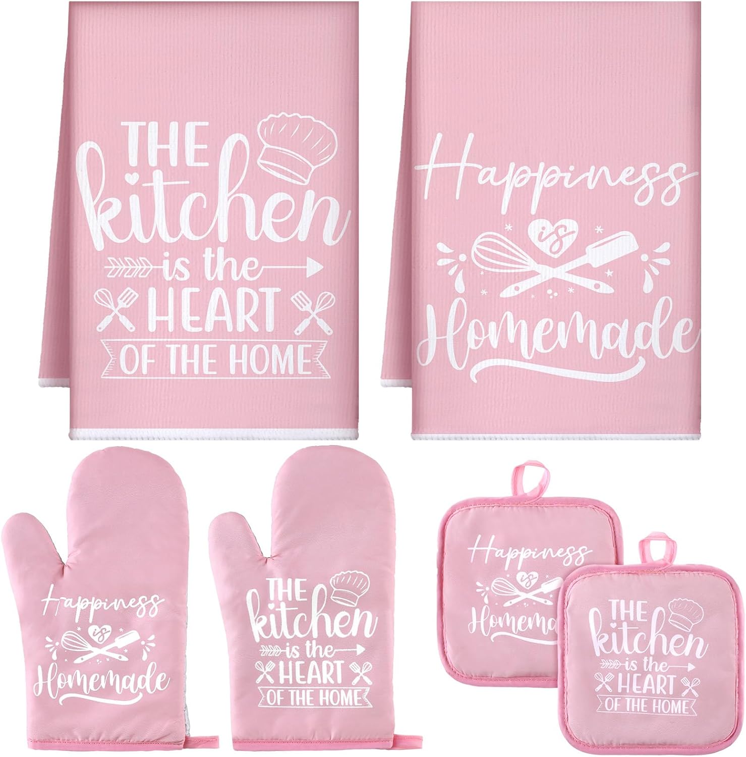 Sratte 6 Pcs Pink Kitchen Decor Accessories Set Cute Farmhouse Towels Pot Holders Oven Mitts Set 2 Dish Towels 2 Potholders 2 Cooking Mittens for Baking Cooking House Supply(Pink, Kitchen)
