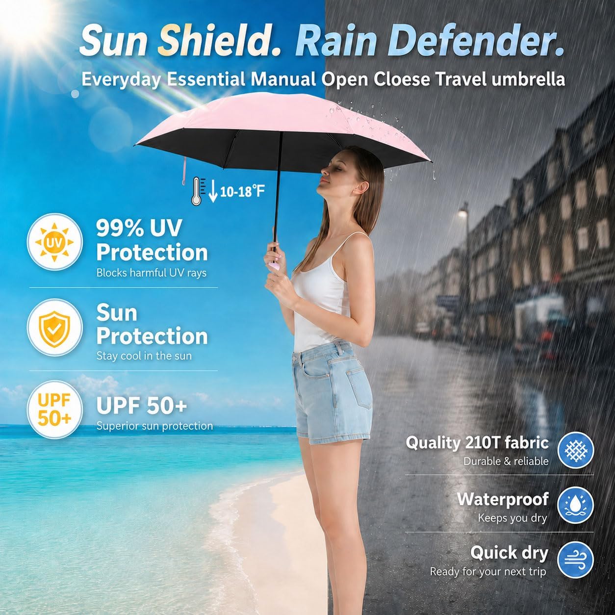 BAODINI Travel Essentials Mini Umbrella for Purse With Case Small Compact UV Sun Protection Lightweight Tiny Pocket Manual Open Close Umbrella for Women Kids and Men Fits Purse Backpack - Image 2