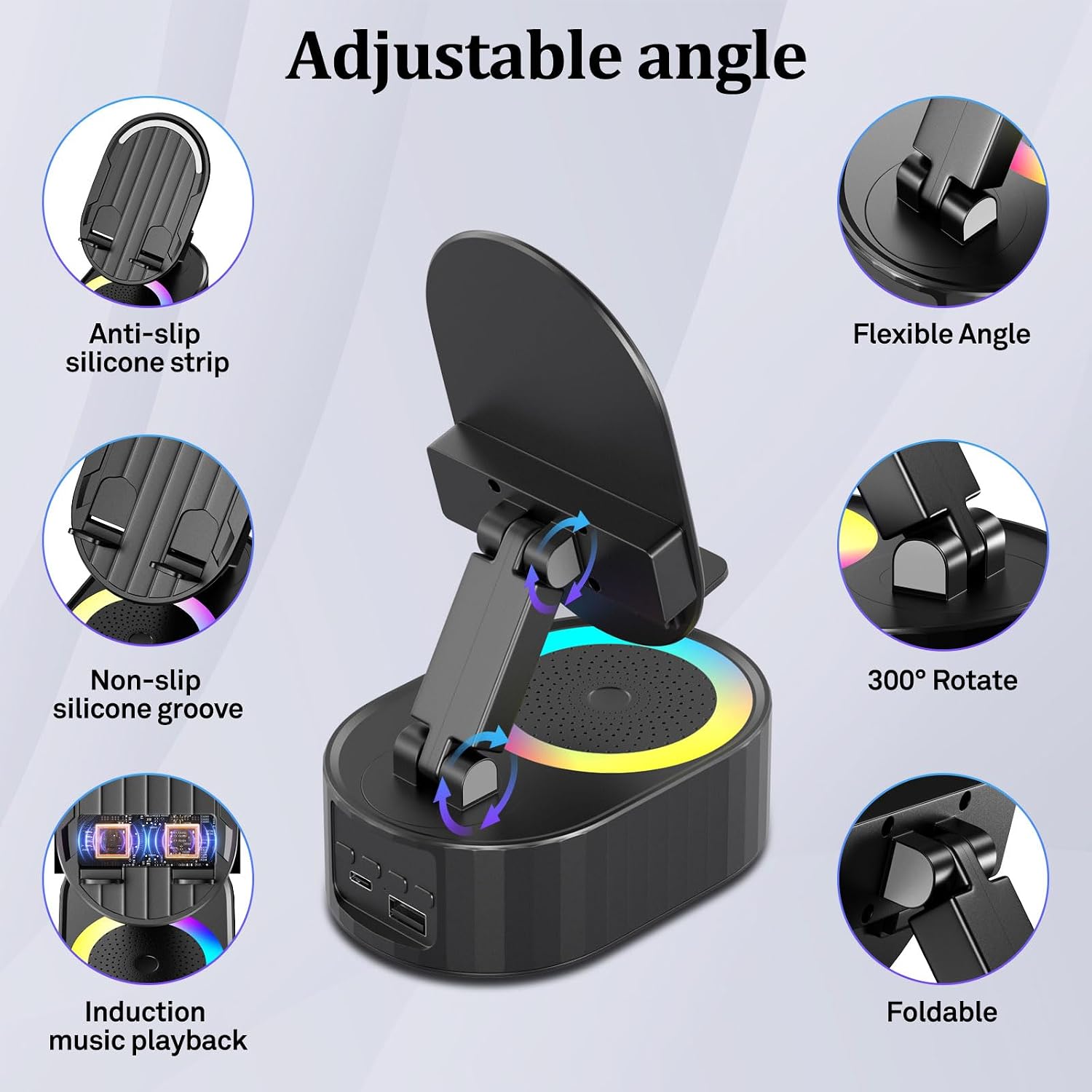 AKLLCCR Wireless Induction Audio Bluetooth Speaker 5in1 Phone Holder Emergency Rechargeable (3000mAh) with Colorful Ambient Light 300° Foldable for Tablet iPhone Android, Gifts for Men Women (Black) - Image 5