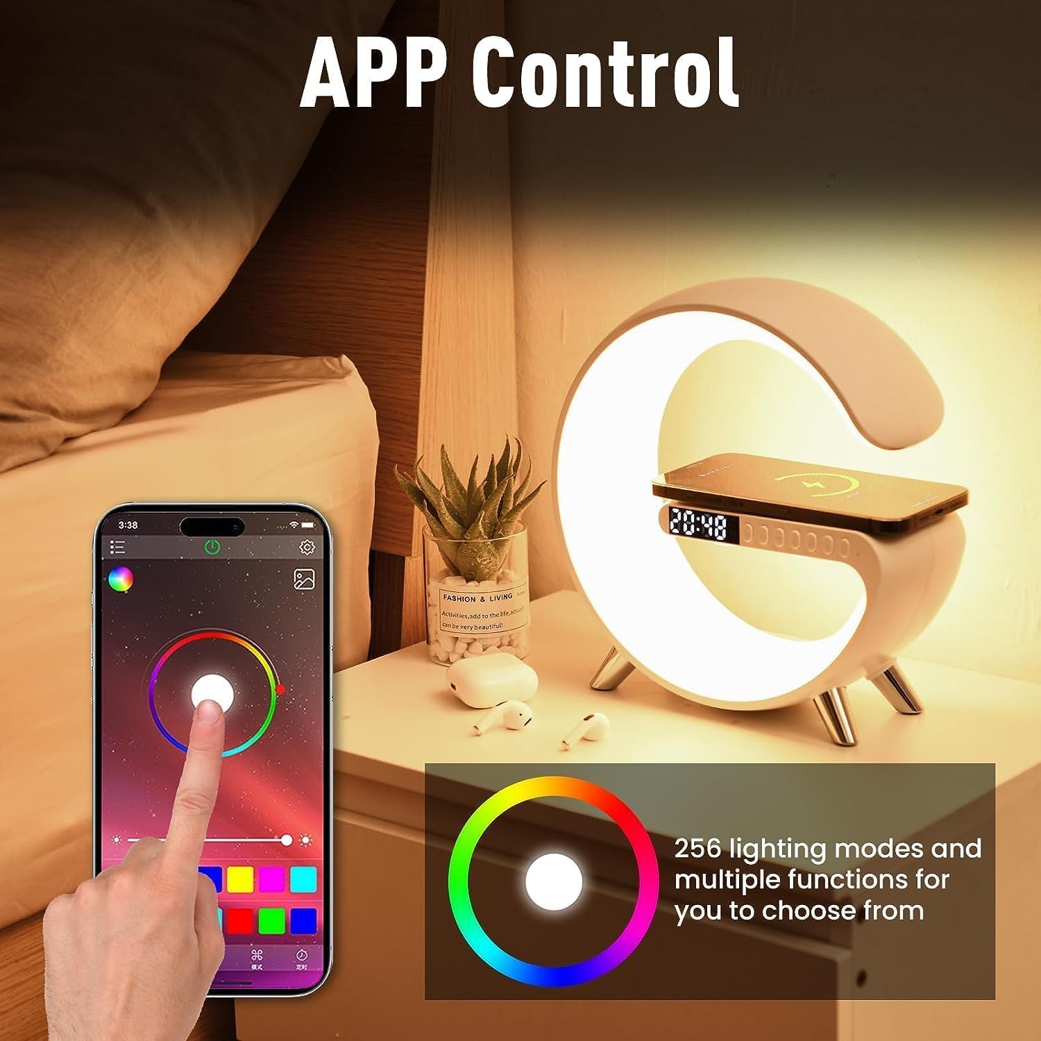 Smart LED Table Lamp, 4-in-1 Wireless Charger, Night Light, Alarm Clock, Bluetooth Speaker with App Control, Bedside Lamp with Charging Station for Bedroom, Office, Home Decor, Teen Girls Boys Gifts - Image 6