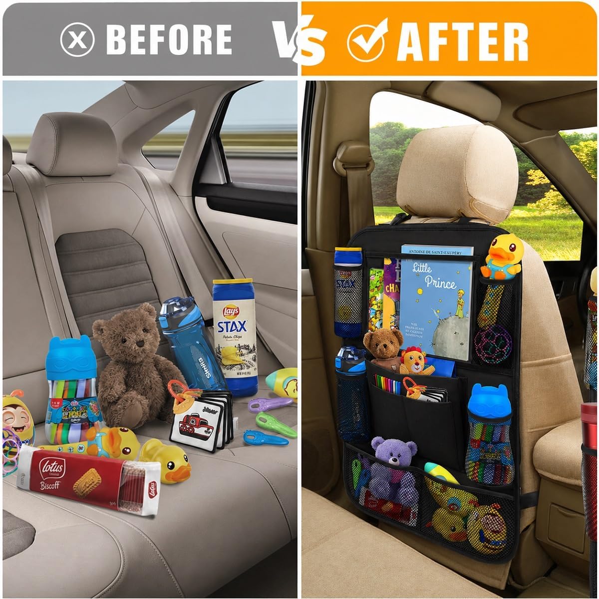 ULEEKA Car Backseat Organizer with 10" Table Holder, 9 Storage Pockets Seat Back Protectors Kick Mats for Kids Toddlers, Travel Accessories, 2 Pack (Black) | Car Organizers and Storage Kick Mats Back Seat Protector w/ Touch Screen Tablet Holder for Kids Toddlers, Travel Accessories - Image 3