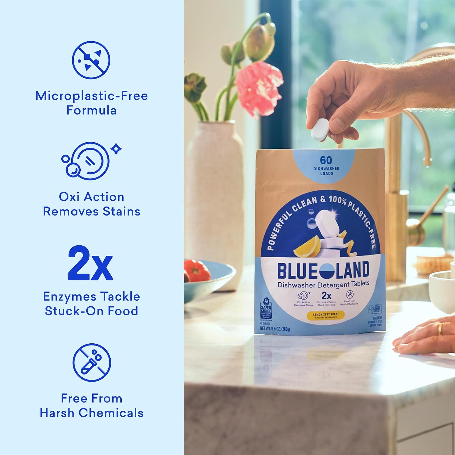 BLUELAND 100% Plastic-Free Dishwasher Detergent Tablets, 60 Count, Lemon Zest Scent, Eco Friendly Dishwashing Pods, Cuts Grease & Stuck on Food, Rinses Clean for Streak-Free Shine - Image 3