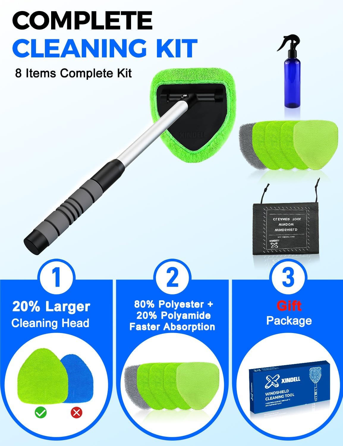 XINDELL Interior Windshield Cleaner Tool – Car Interior Window Cleaning Kit with Extendable Handle & 4 Microfiber Pads, Auto Wiper Inside Compact Windshield Brush for Car & Home Windows - Image 2