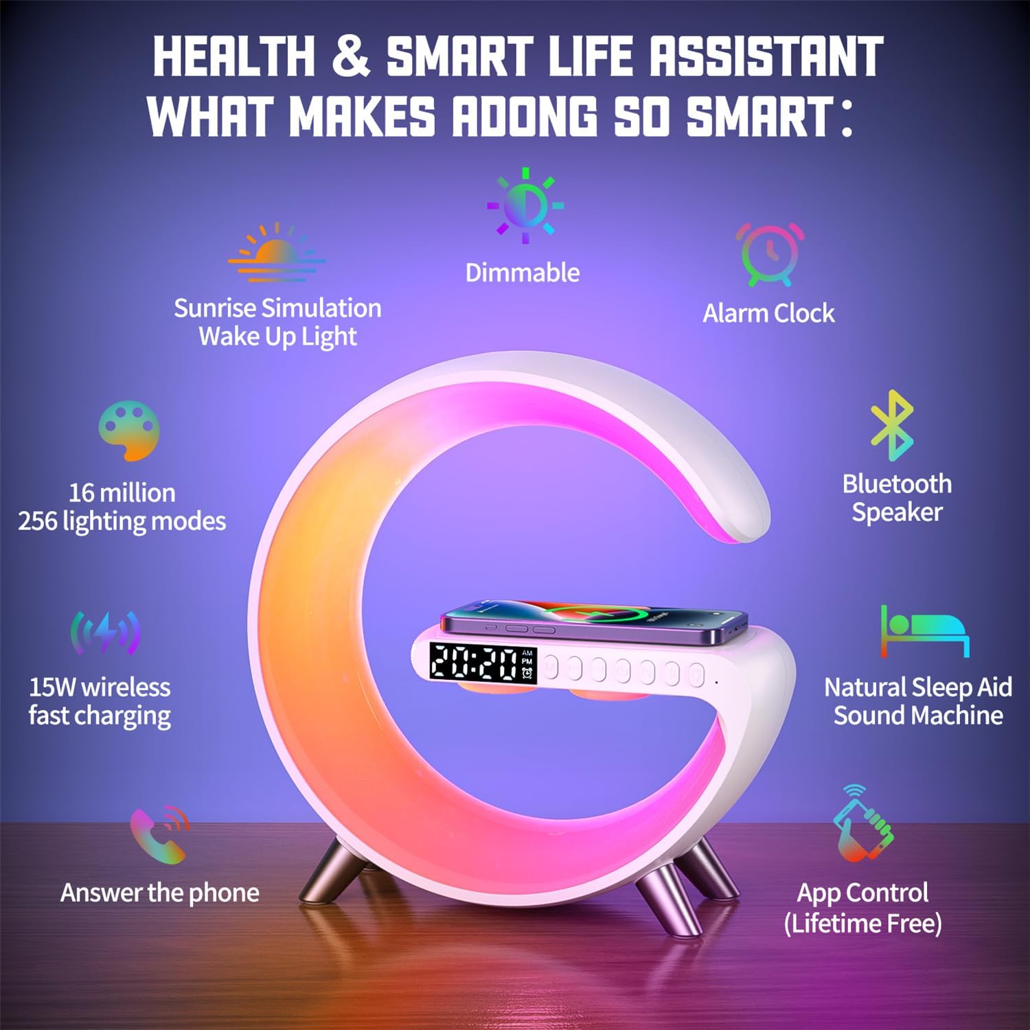 Smart LED Table Lamp, 4-in-1 Wireless Charger, Night Light, Alarm Clock, Bluetooth Speaker with App Control, Bedside Lamp with Charging Station for Bedroom, Office, Home Decor, Teen Girls Boys Gifts - Image 4