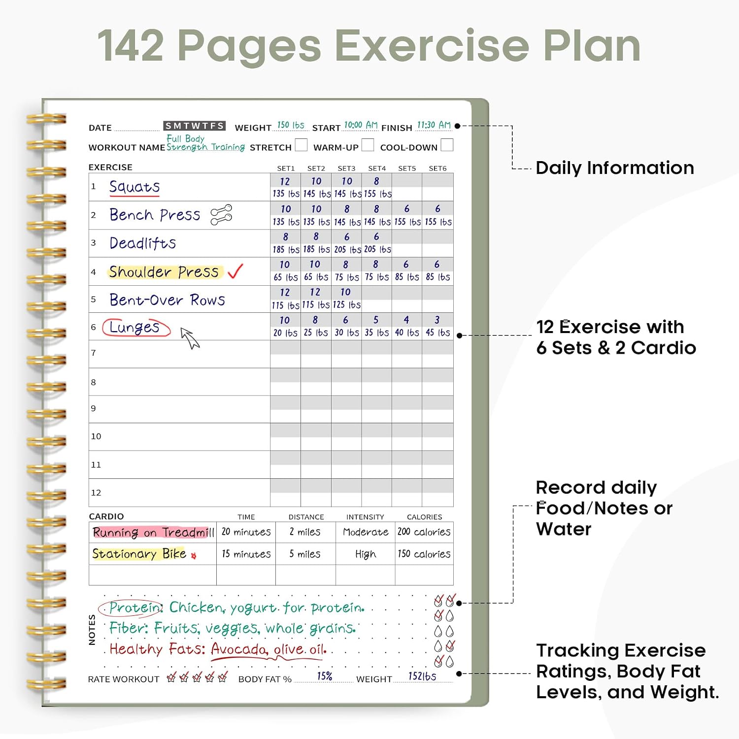 Fitness Workout Journal for Women & Men, A5(5.5" x 8.2") Workout Log Book Planner for Tracking, Progress, and Achieving Your Wellness Goals - Green - Image 2