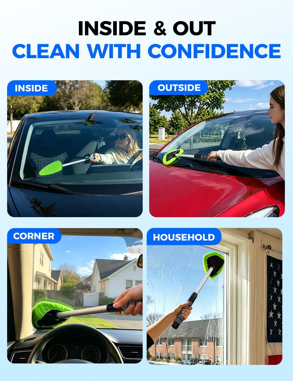 XINDELL Interior Windshield Cleaner Tool – Car Interior Window Cleaning Kit with Extendable Handle & 4 Microfiber Pads, Auto Wiper Inside Compact Windshield Brush for Car & Home Windows - Image 7