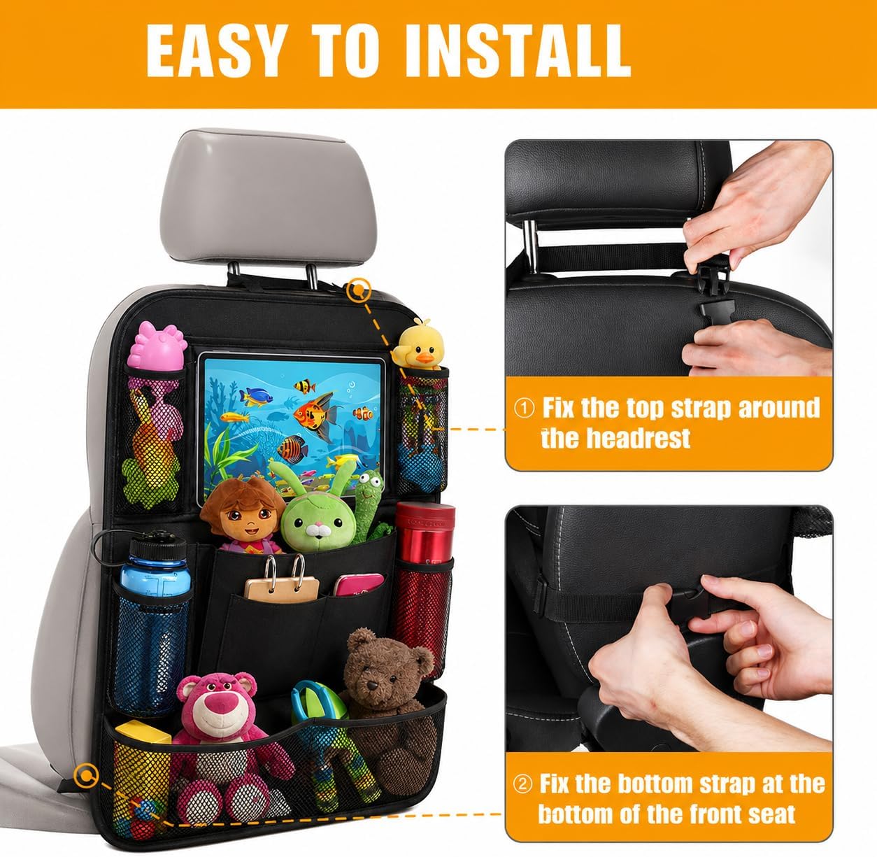 ULEEKA Car Backseat Organizer with 10" Table Holder, 9 Storage Pockets Seat Back Protectors Kick Mats for Kids Toddlers, Travel Accessories, 2 Pack (Black) | Car Organizers and Storage Kick Mats Back Seat Protector w/ Touch Screen Tablet Holder for Kids Toddlers, Travel Accessories - Image 6