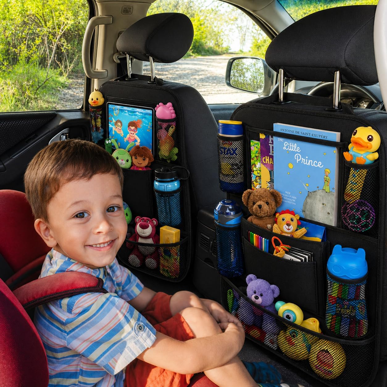 ULEEKA Car Backseat Organizer with 10" Table Holder, 9 Storage Pockets Seat Back Protectors Kick Mats for Kids Toddlers, Travel Accessories, 2 Pack (Black) | Car Organizers and Storage Kick Mats Back Seat Protector w/ Touch Screen Tablet Holder for Kids Toddlers, Travel Accessories - Image 7