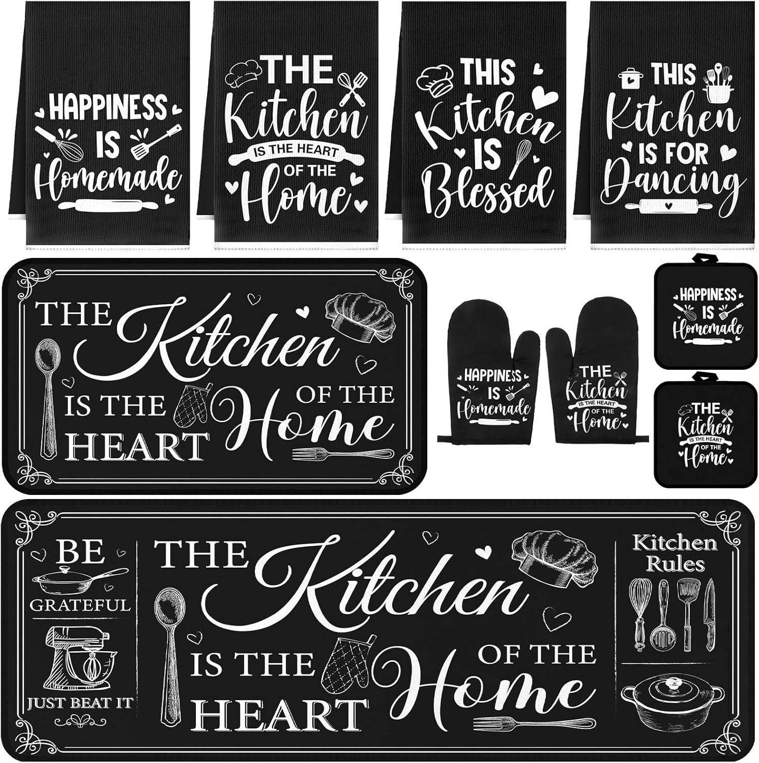 Fourluoo 10 Pcs Farmhouse Kitchen Decor and Accessories Set Black Rugs Towels Pot Holders Oven Mitts for Cooking Baking Mom Housewarming Gifts The Kitchen is The Heart of The Home