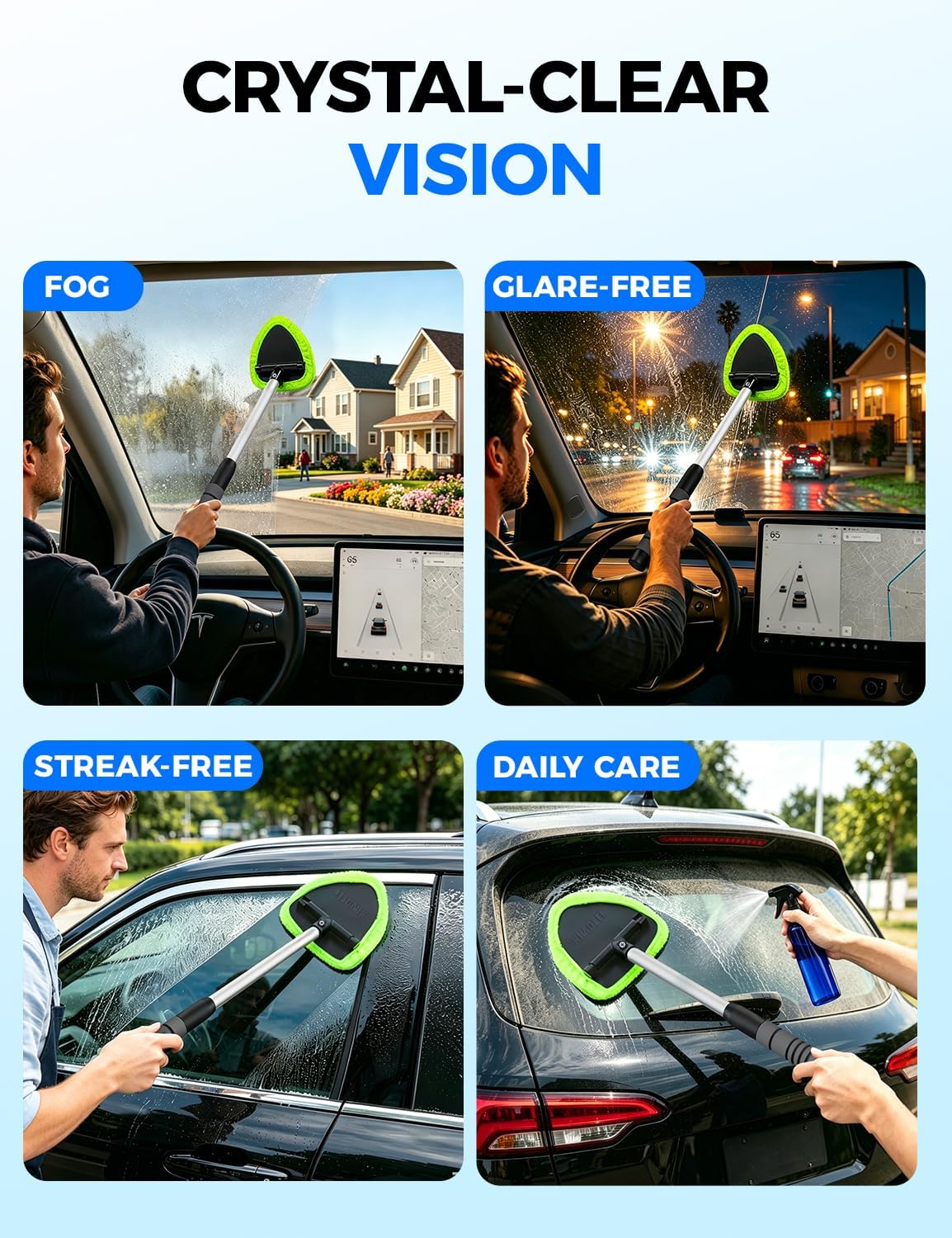XINDELL Interior Windshield Cleaner Tool – Car Interior Window Cleaning Kit with Extendable Handle & 4 Microfiber Pads, Auto Wiper Inside Compact Windshield Brush for Car & Home Windows - Image 8