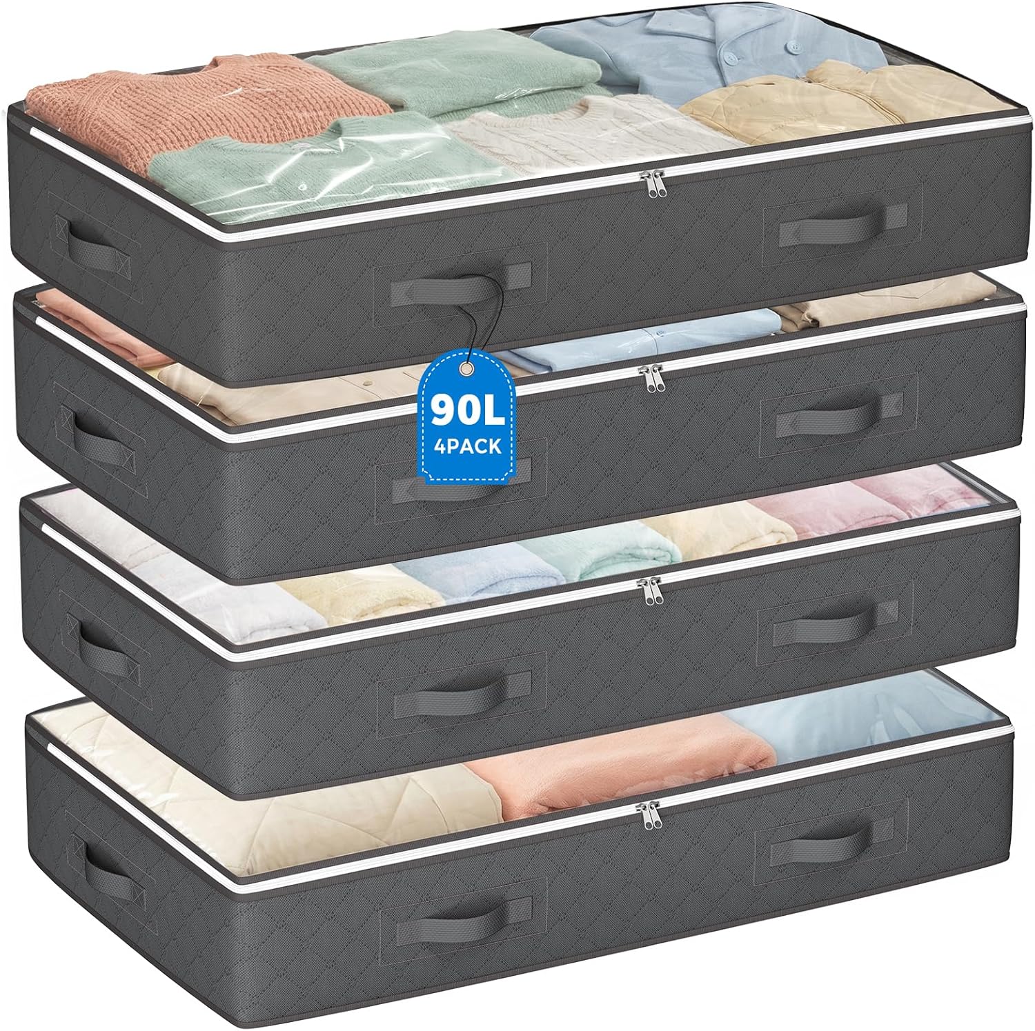 Budding Joy 90L Under Bed Storage Containers, Closet Organizers and Storage Bins, Foldable Underbed Storage Bags for Linen Sheets, Blanket, Clothing, Comforter, Sweaters, Pillows, Wrapping Paper, Grey