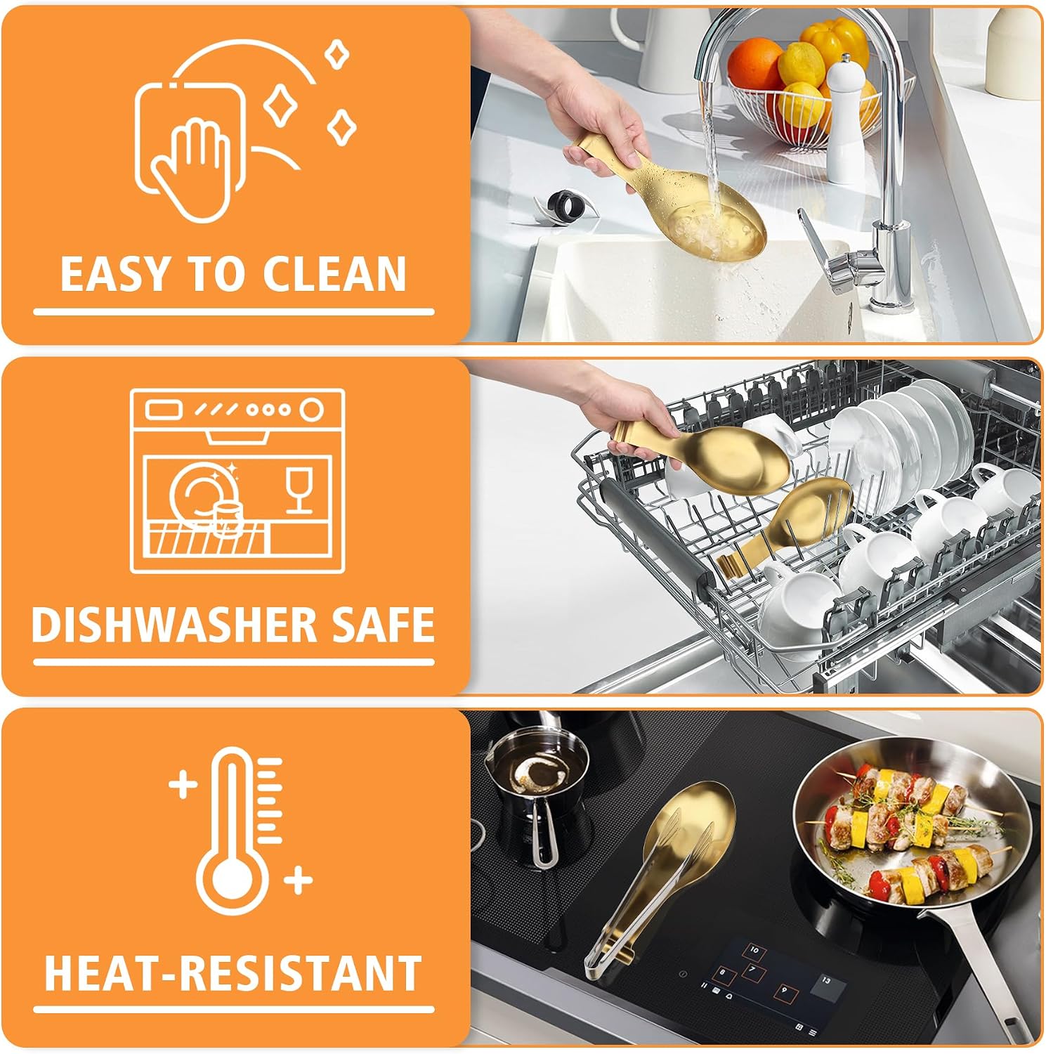 VanlonPro Stainless Steel Spoon Rest, Spatula Ladle Holder, Stainless Steel Utensil Spoon Rest Holder, Brushed Finish, Dishwasher Safe 9.8 x 3.7 Inch (Gold 1PC) - Image 4