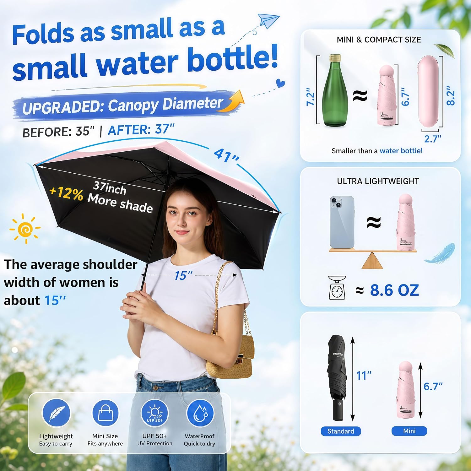 BAODINI Travel Essentials Mini Umbrella for Purse With Case Small Compact UV Sun Protection Lightweight Tiny Pocket Manual Open Close Umbrella for Women Kids and Men Fits Purse Backpack - Image 6