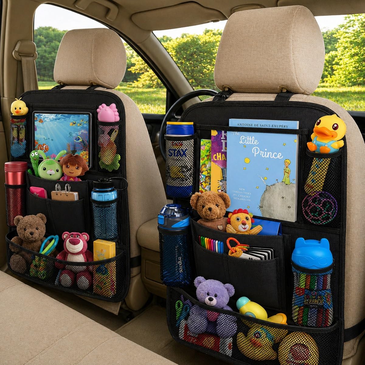 ULEEKA Car Backseat Organizer with 10" Table Holder, 9 Storage Pockets Seat Back Protectors Kick Mats for Kids Toddlers, Travel Accessories, 2 Pack (Black) | Car Organizers and Storage Kick Mats Back Seat Protector w/ Touch Screen Tablet Holder for Kids Toddlers, Travel Accessories - Image 4