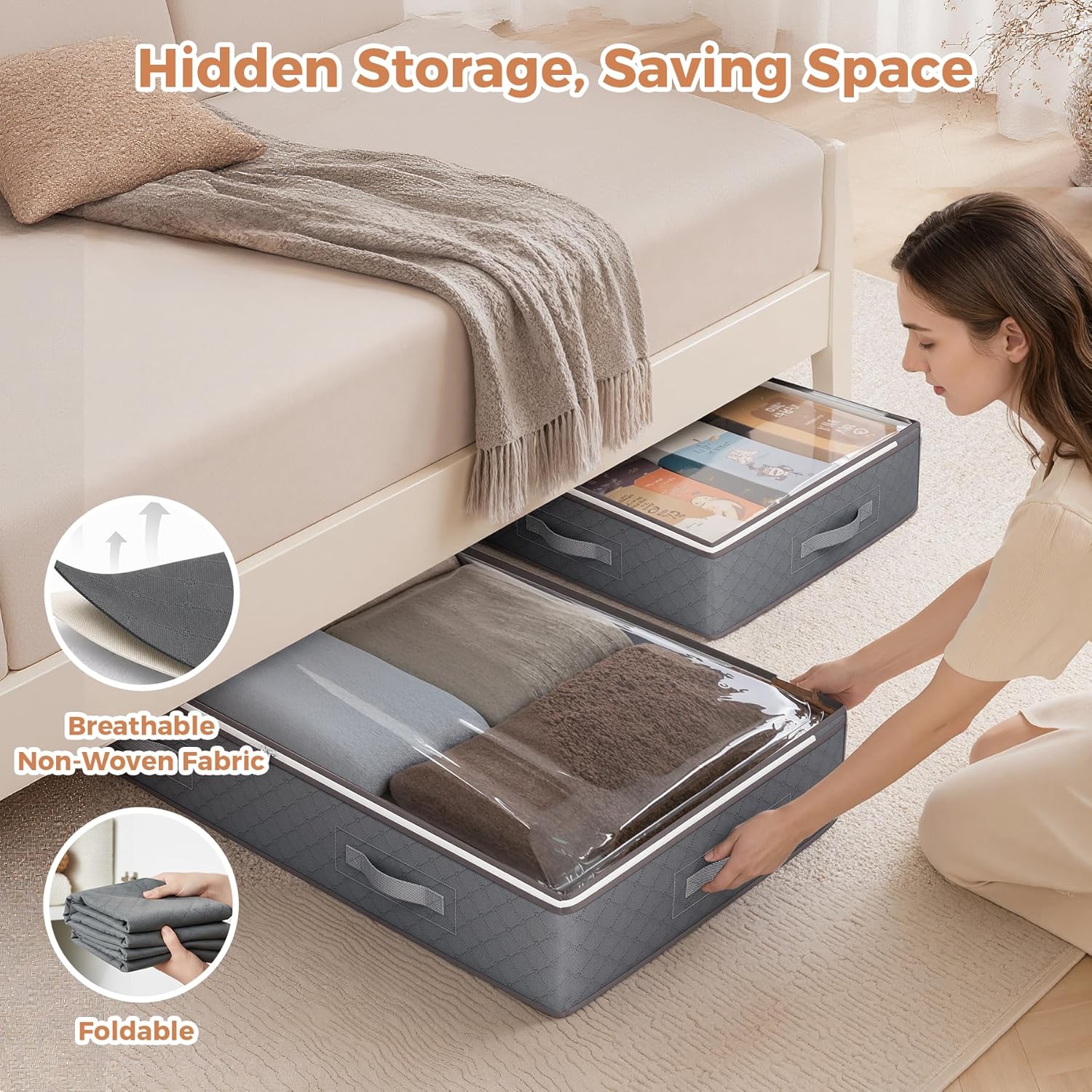 Budding Joy 90L Under Bed Storage Containers, Closet Organizers and Storage Bins, Foldable Underbed Storage Bags for Linen Sheets, Blanket, Clothing, Comforter, Sweaters, Pillows, Wrapping Paper, Grey - Image 5