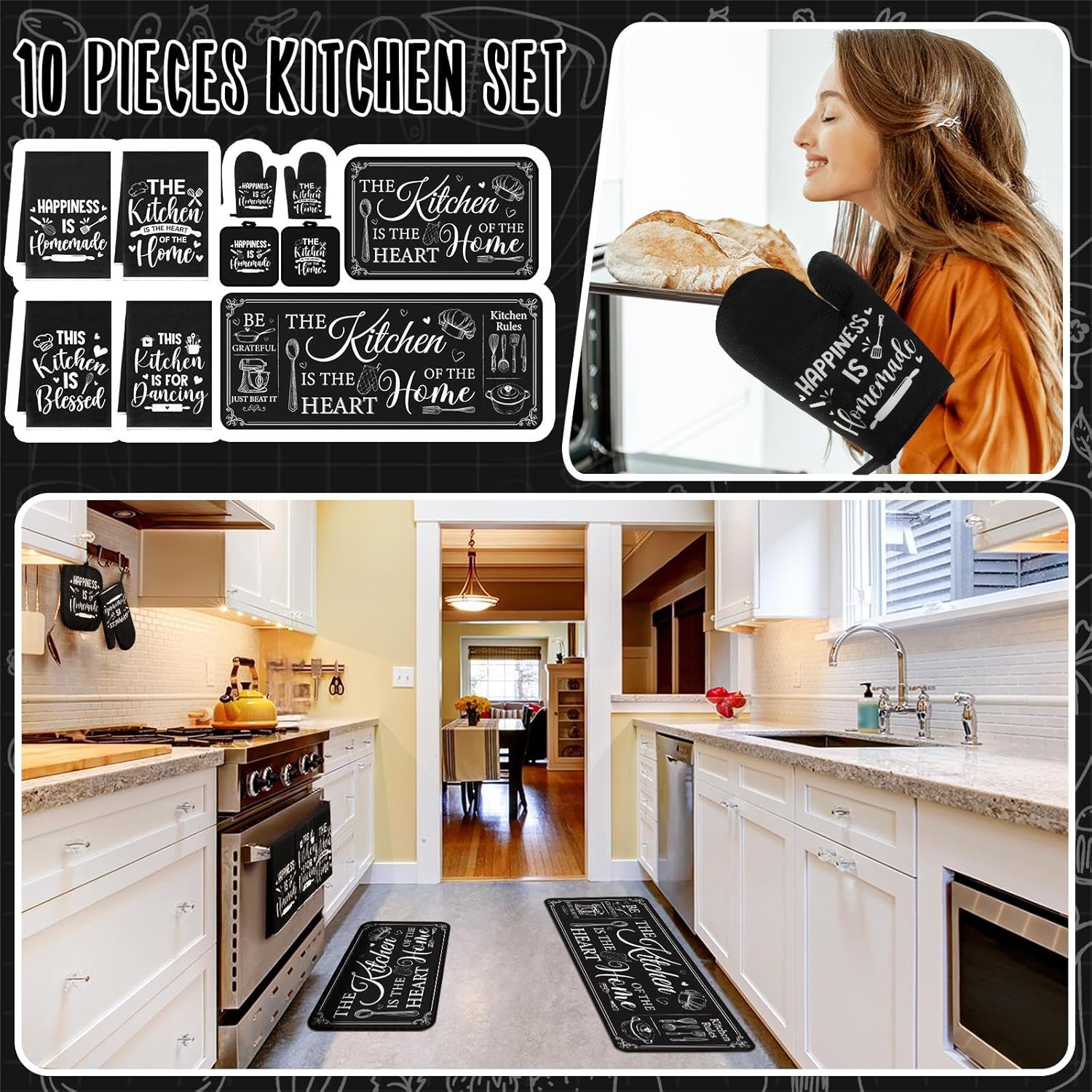 Fourluoo 10 Pcs Farmhouse Kitchen Decor and Accessories Set Black Rugs Towels Pot Holders Oven Mitts for Cooking Baking Mom Housewarming Gifts The Kitchen is The Heart of The Home - Image 2