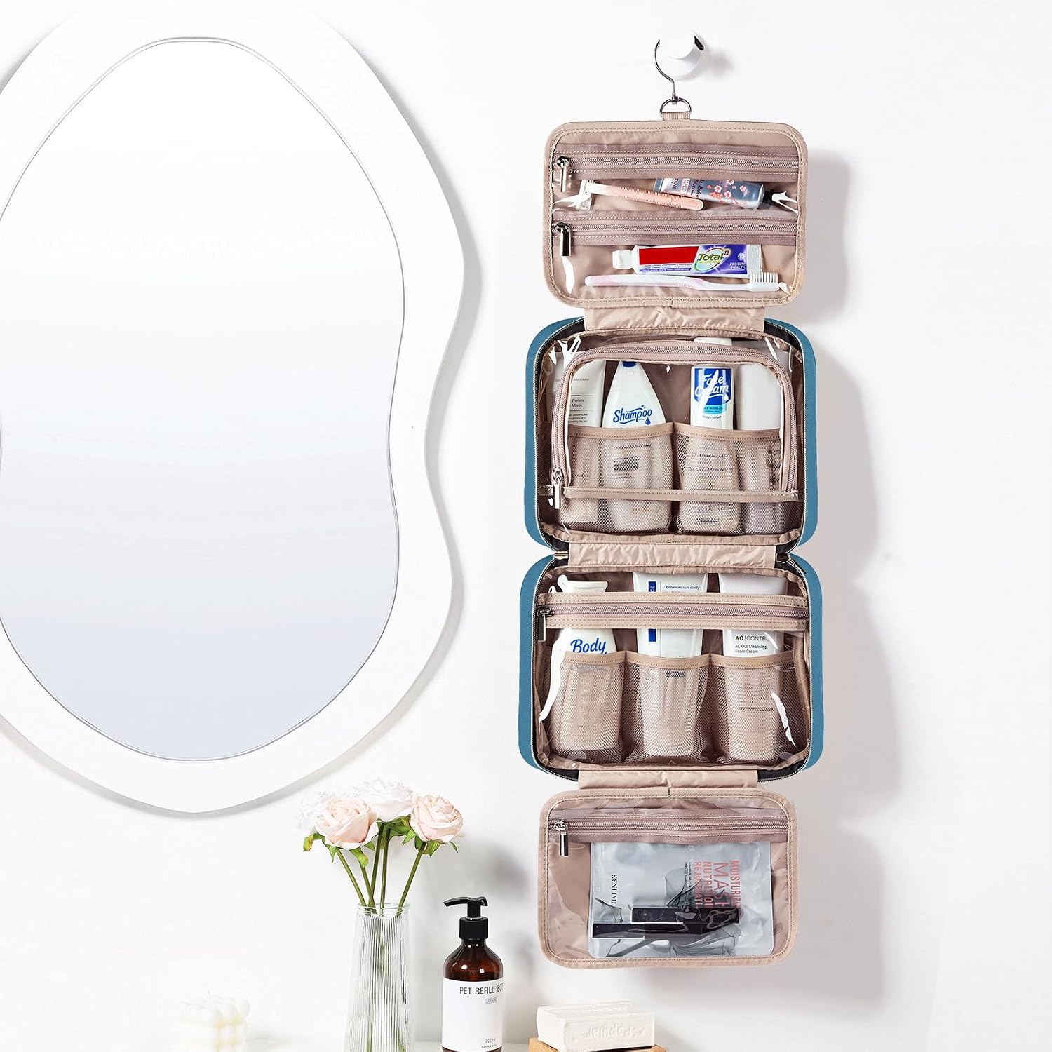 NISHEL Travel Toiletry Bag for women, Portable Hanging makeup Organizer | for Travel-Sized Shampoo, Conditioner, Brushes Set, makeup Accessories, Large Size, Lake-Blue - Image 2
