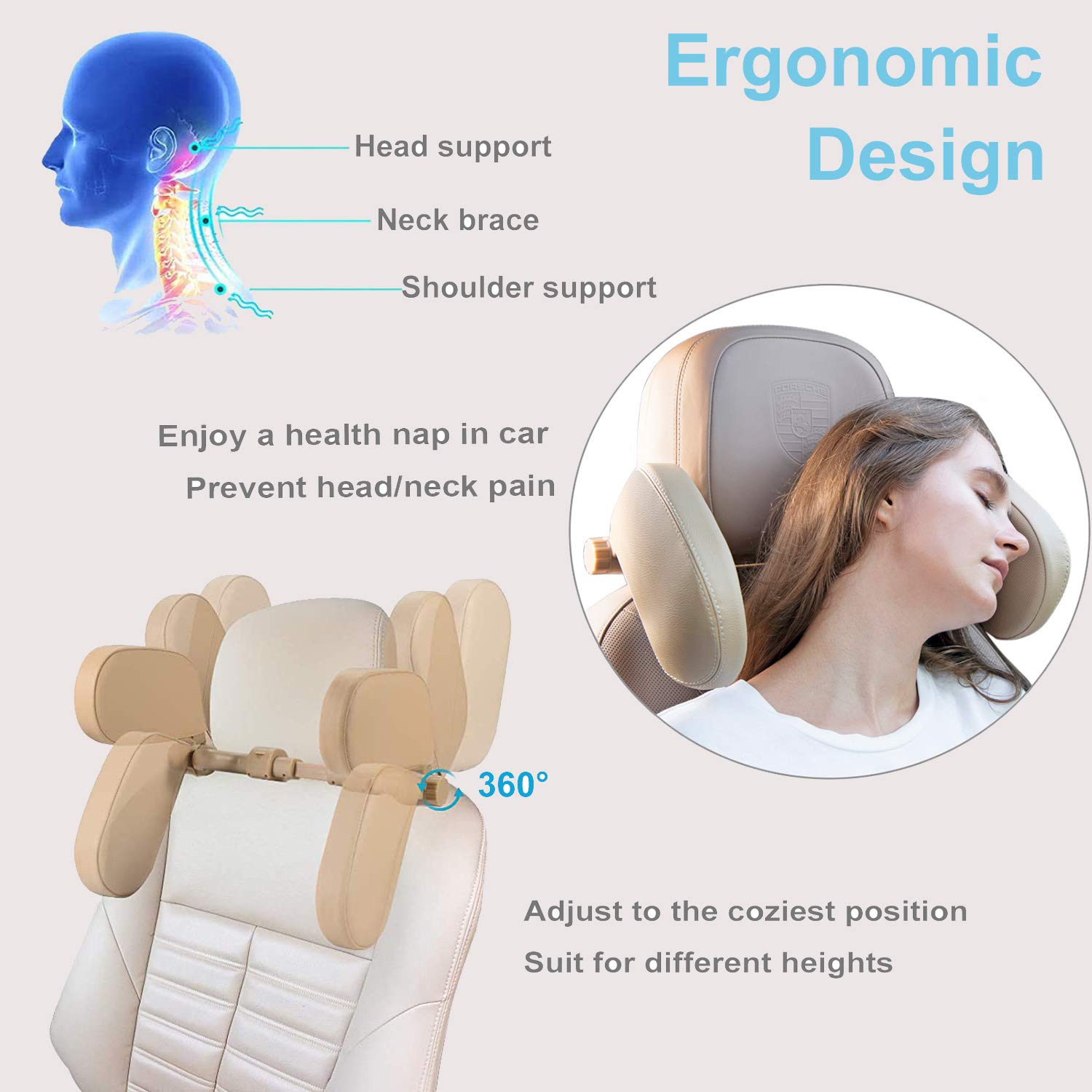 Car Headrest Pillow, Roadpal Adjustable Sleeping Headrest for Car Seat, Head Neck Support Rest Pillows for Kids Adults Travel, Fits ONLY Seats with 2 Metal Rods, PLS Check Before Purchase - Image 2