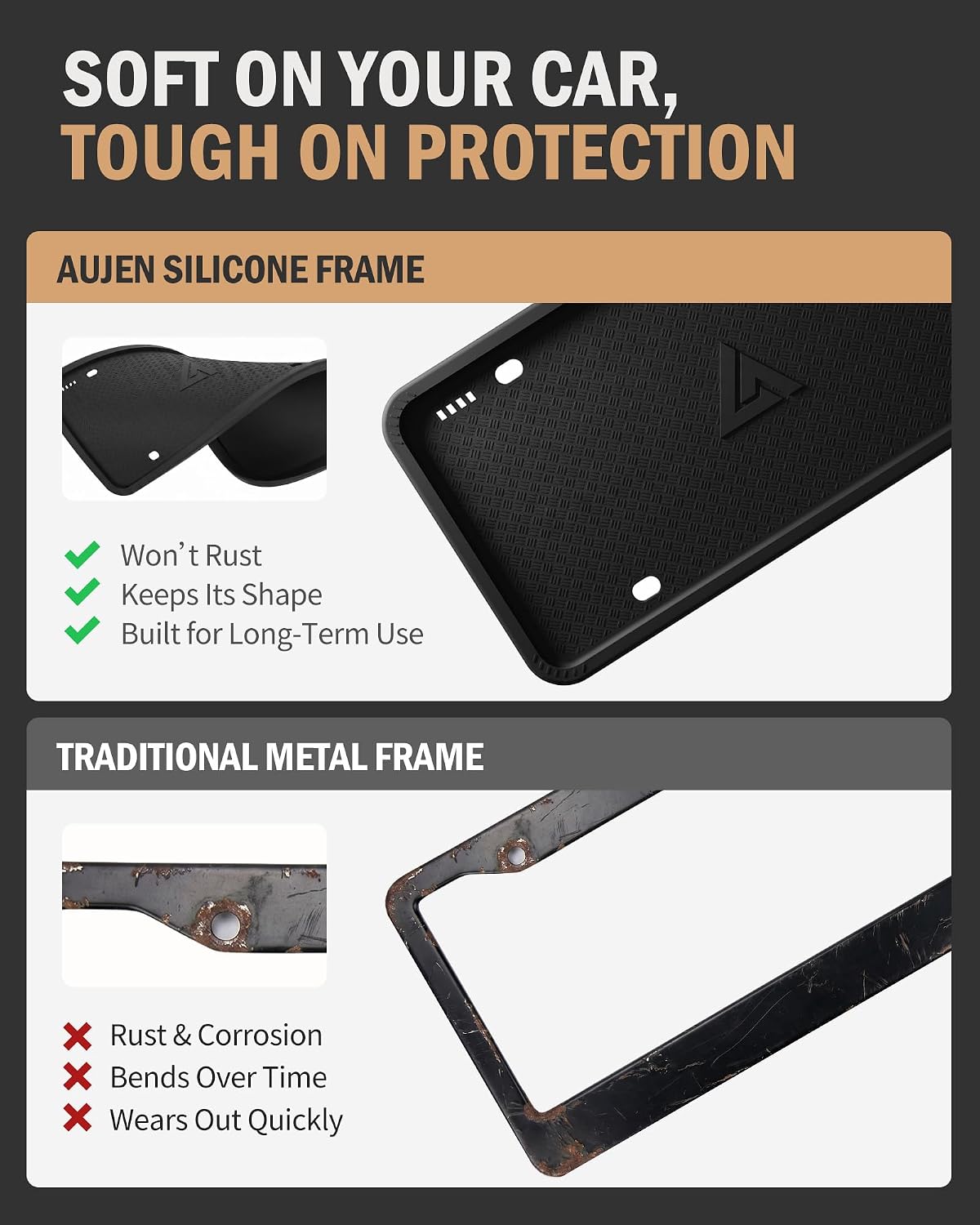Aujen Silicone License Plate Frames Black, 2 Pack Car License Plate Frame, Universal US Black License Plate Holders Brackets Rust-Proof, Weather & Rattle-Proof, Car Accessories | US Car Universal, Black License Plate Cover Protector Brackets Rust-Proof, Weather & Rattle-Proof, Car Accessories, 12" x 6" - Image 6