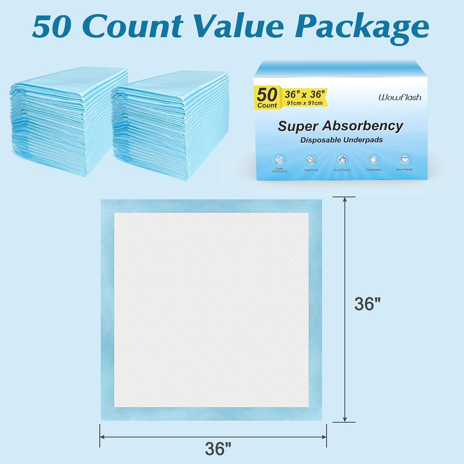 50 Count 36” x 36” Super Absorbency Disposable Underpads - Image 7