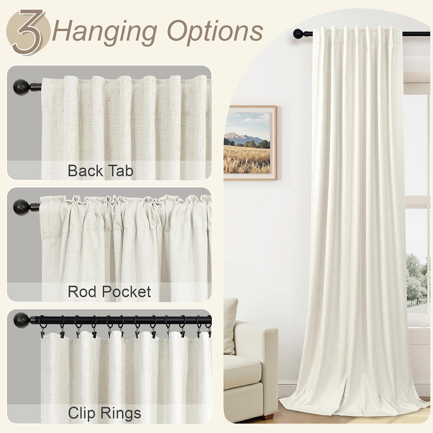 100% Blackout Curtains 84 Inch Length 2 Panels Set Neutral Boho Linen Farmhouse for Bedroom Windows Living Room Darkening Thermal Insulated Drapes Natural Cream Ivory 7ft Long Back Tab Pleated Pocket - Image 6