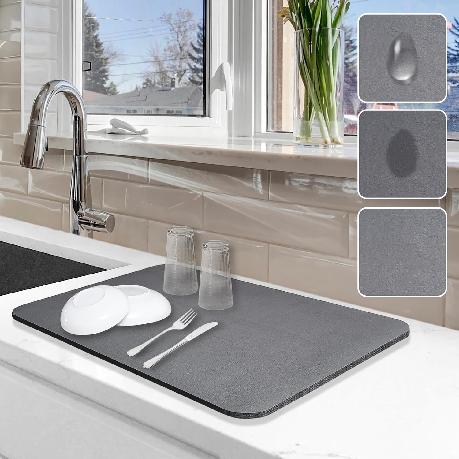 Dish Drying Mat for Kitchen Counter, 12"x19" Pad with Rubber Backed (Grey)