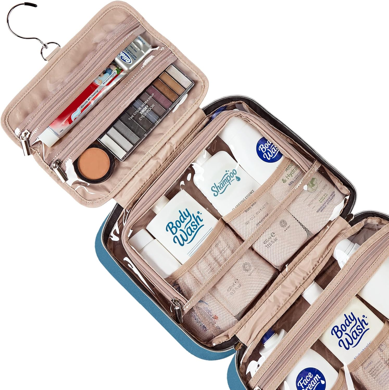 NISHEL Travel Toiletry Bag for women, Portable Hanging makeup Organizer | for Travel-Sized Shampoo, Conditioner, Brushes Set, makeup Accessories, Large Size, Lake-Blue - Image 4