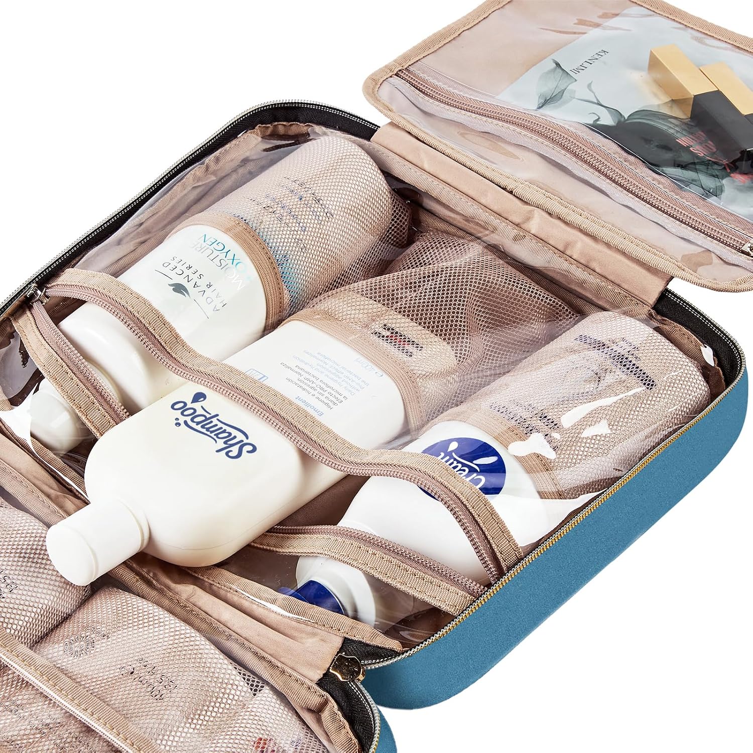 NISHEL Travel Toiletry Bag for women, Portable Hanging makeup Organizer | for Travel-Sized Shampoo, Conditioner, Brushes Set, makeup Accessories, Large Size, Lake-Blue - Image 6