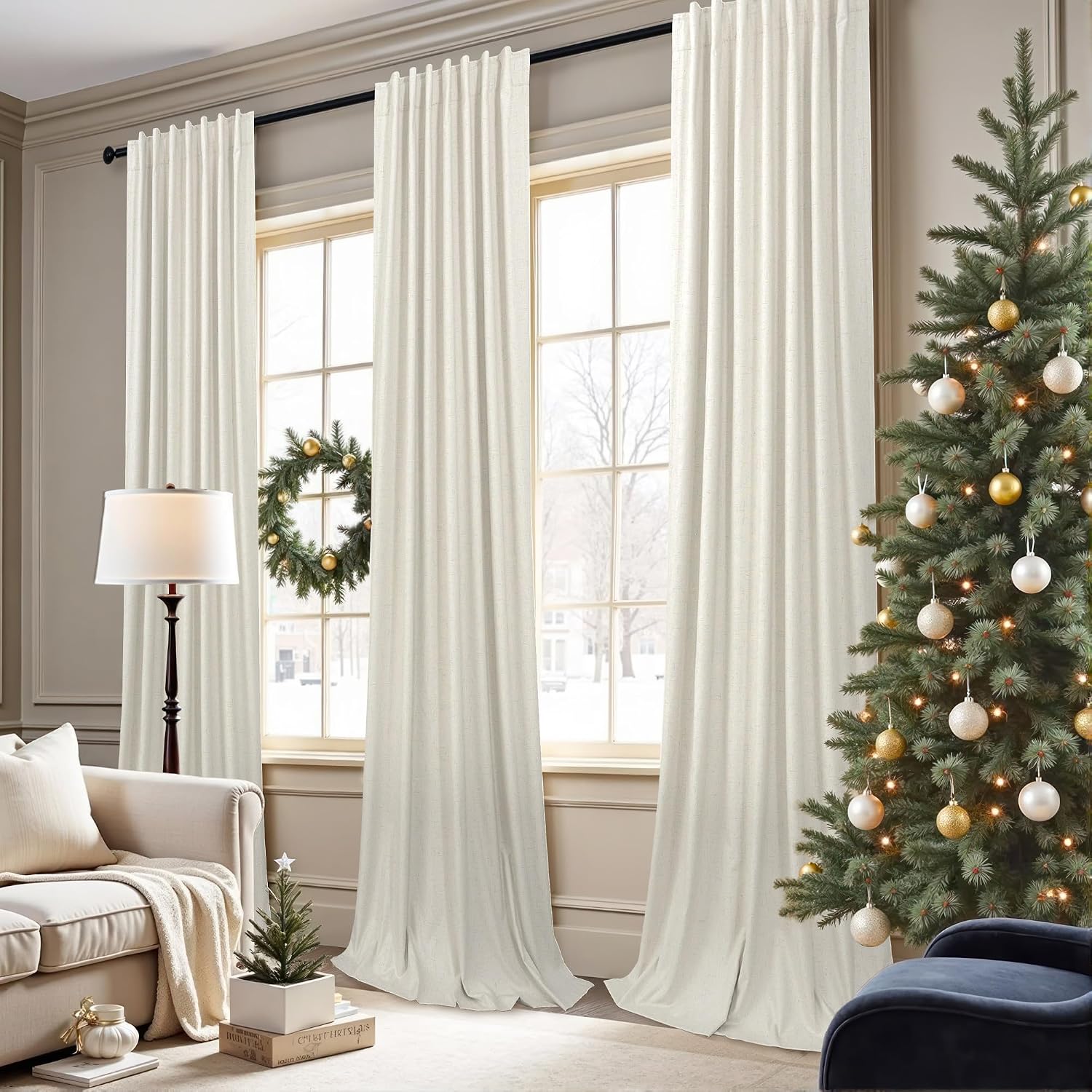 100% Blackout Curtains 84 Inch Length 2 Panels Set Neutral Boho Linen Farmhouse for Bedroom Windows Living Room Darkening Thermal Insulated Drapes Natural Cream Ivory 7ft Long Back Tab Pleated Pocket - Image 2