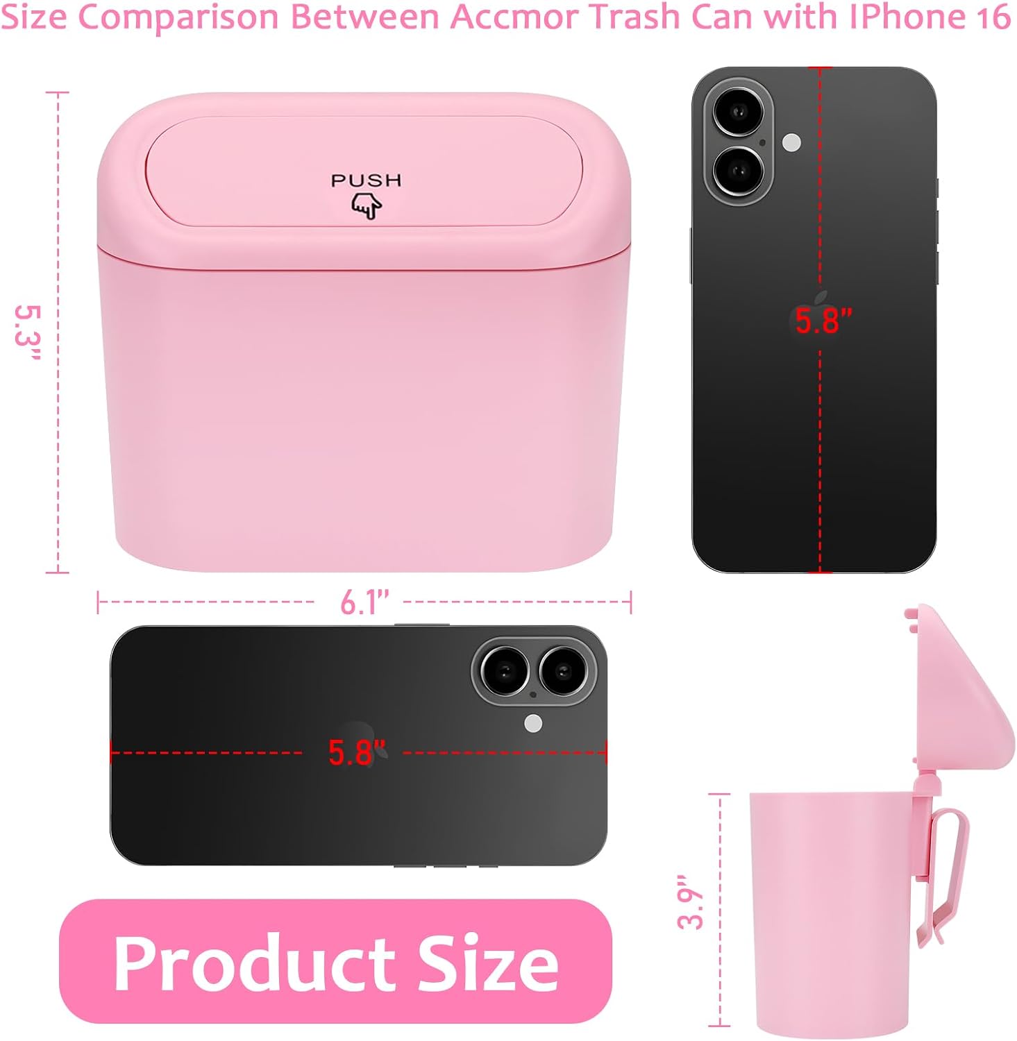 Accmor Car Trash Can with Lid, Vehicle Trash Bin Car Dustbin Garbage Organizer Holder with One Roll Trash Bag, Portable Hanging Mini Leakproof Cars Storage Bag Container for Auto, SUV, Office (Pink) - Image 2