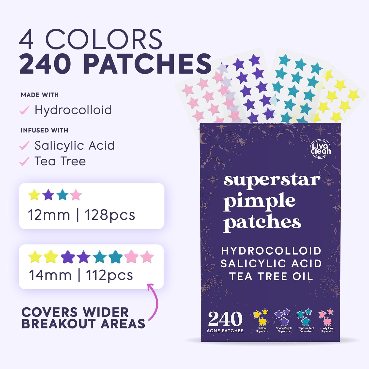 Livaclean 240CT Star Pimple Patches for Face w/ Hydrocolloid, Tea Tree oil & Salicylic Acid - Zit Stickers, Hydrocolloid Acne Patches for Face - Cute Pimple Patch, Acne Stickers - Image 2